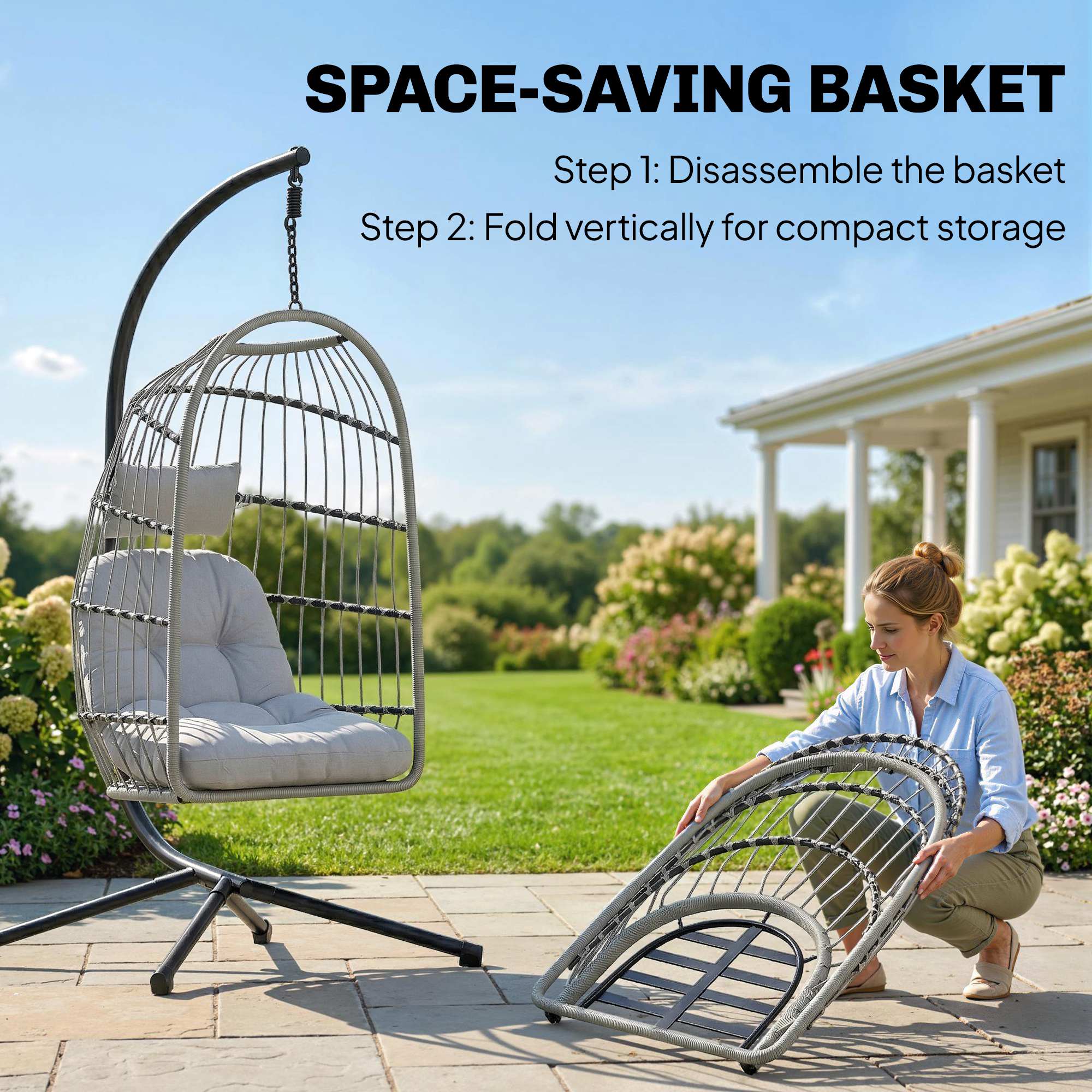 Outsunny Hanging Egg Chair, Outdoor Swing Chair with Stand, Light Grey - Image 4