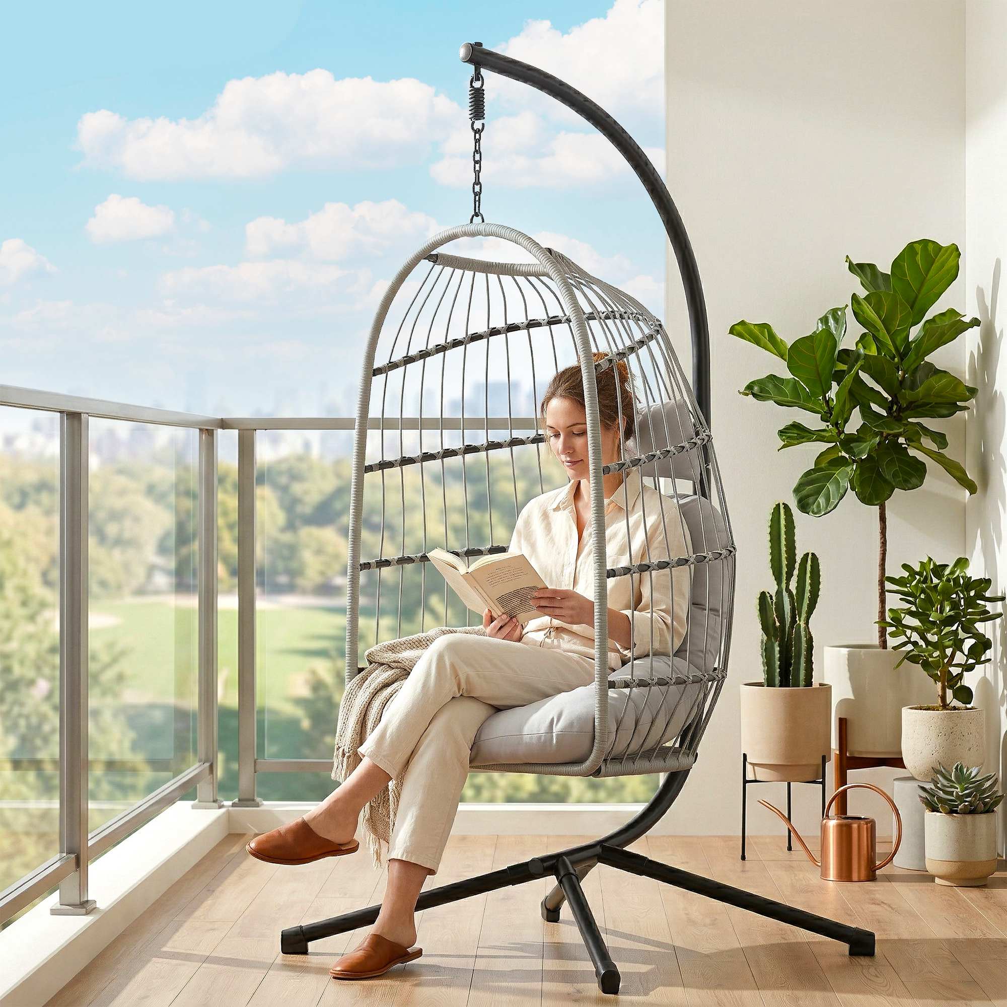 Outsunny Hanging Egg Chair, Outdoor Swing Chair with Stand, Light Grey - Image 9