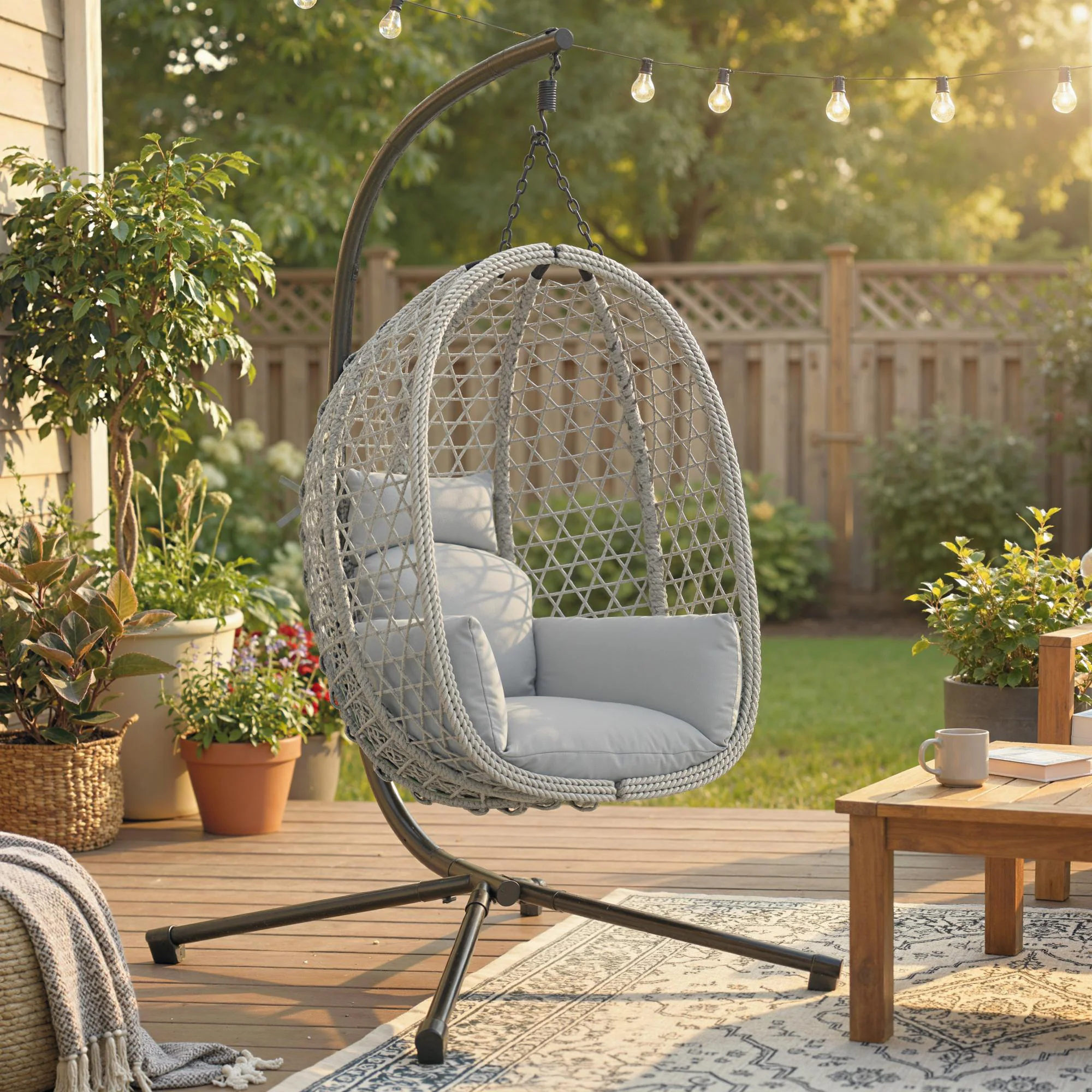Outsunny Hanging Egg Chair, Rattan Swing Chair with Stand, Light Grey - Image 2