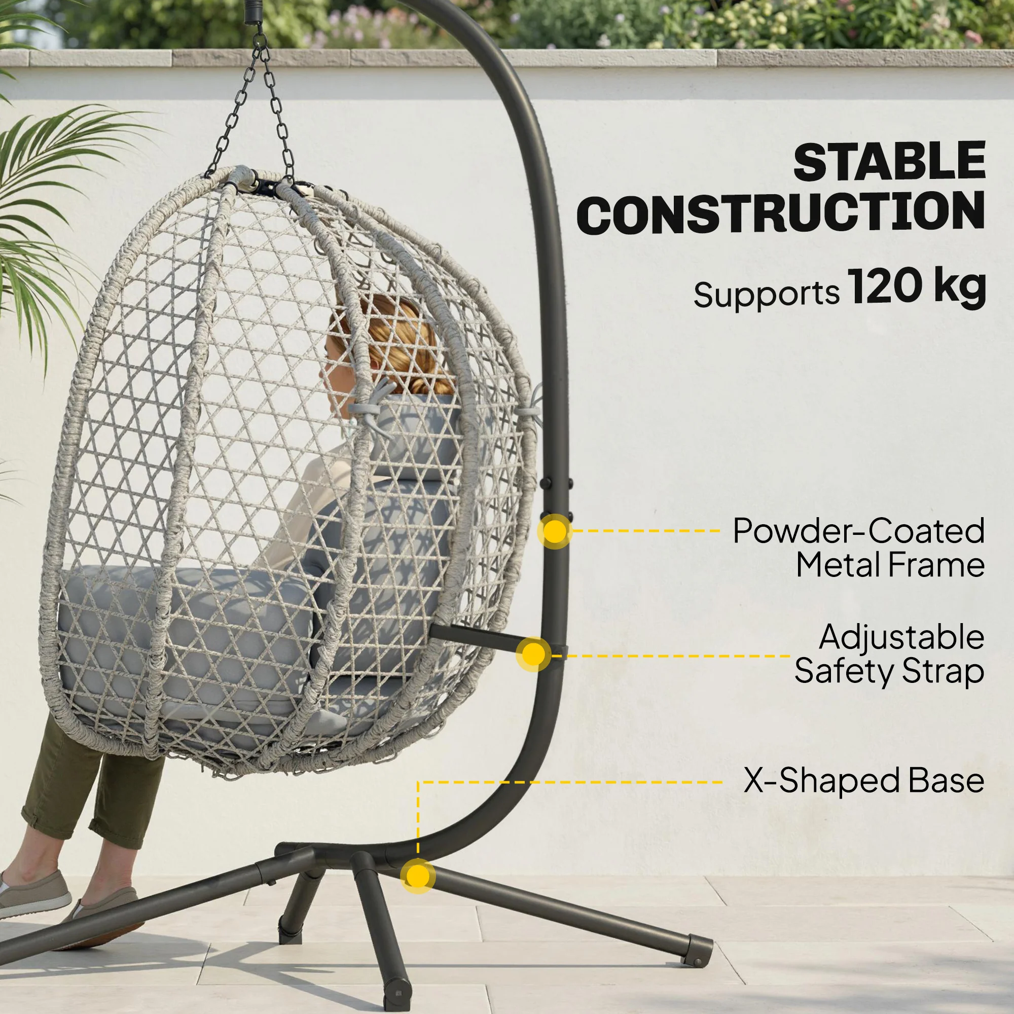Outsunny Hanging Egg Chair, Rattan Swing Chair with Stand, Light Grey - Image 3