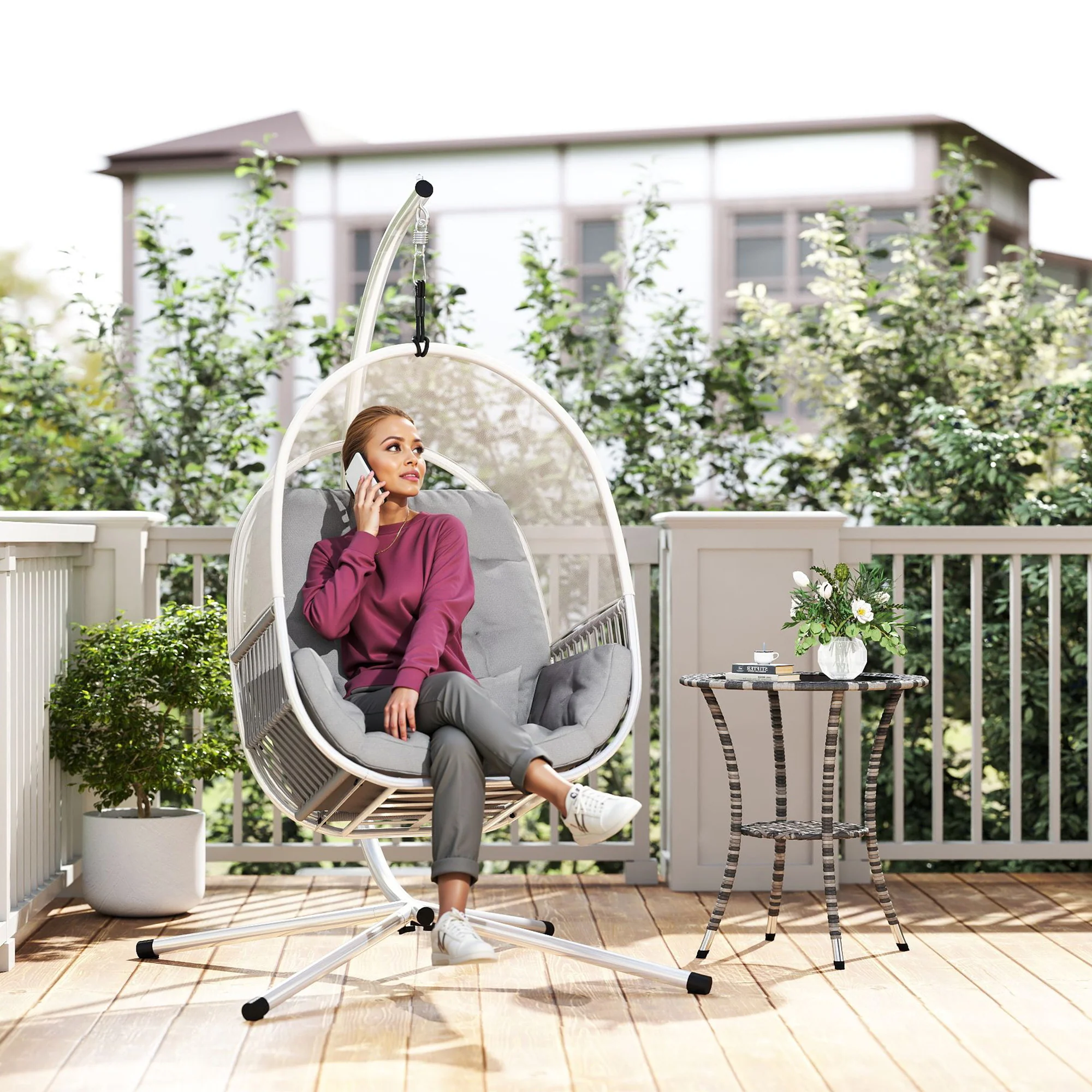 Outsunny Hanging Egg Chair With Stand, Cushions For Garden - Image 11