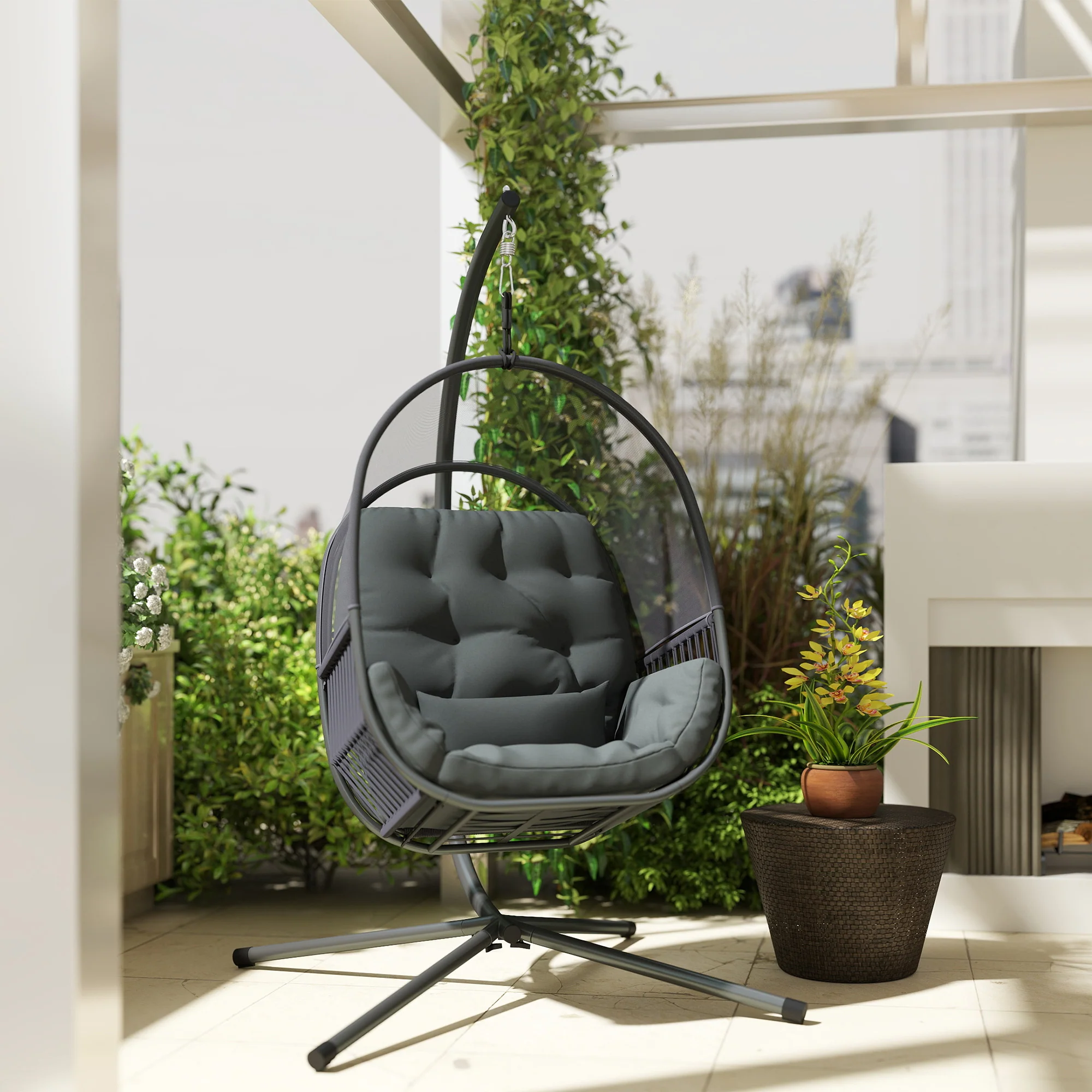Outsunny Hanging Egg Chair With Stand, Cushions For Garden - Image 9