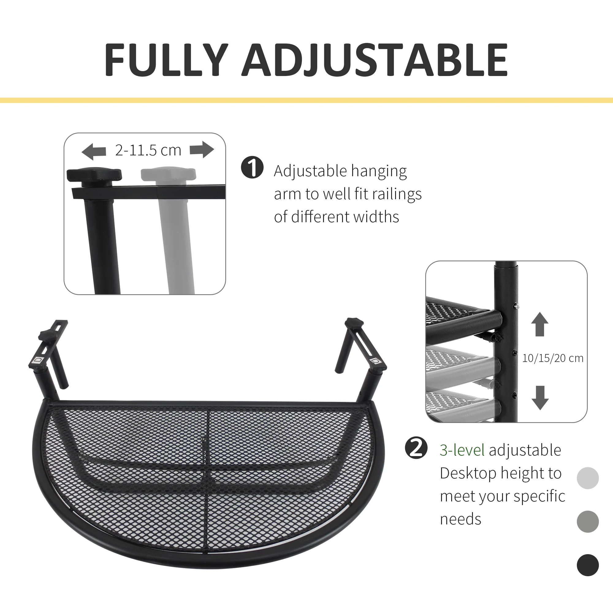 Outsunny Hanging Rail Table, 60Lx45Wx50H cm-Black - Image 3