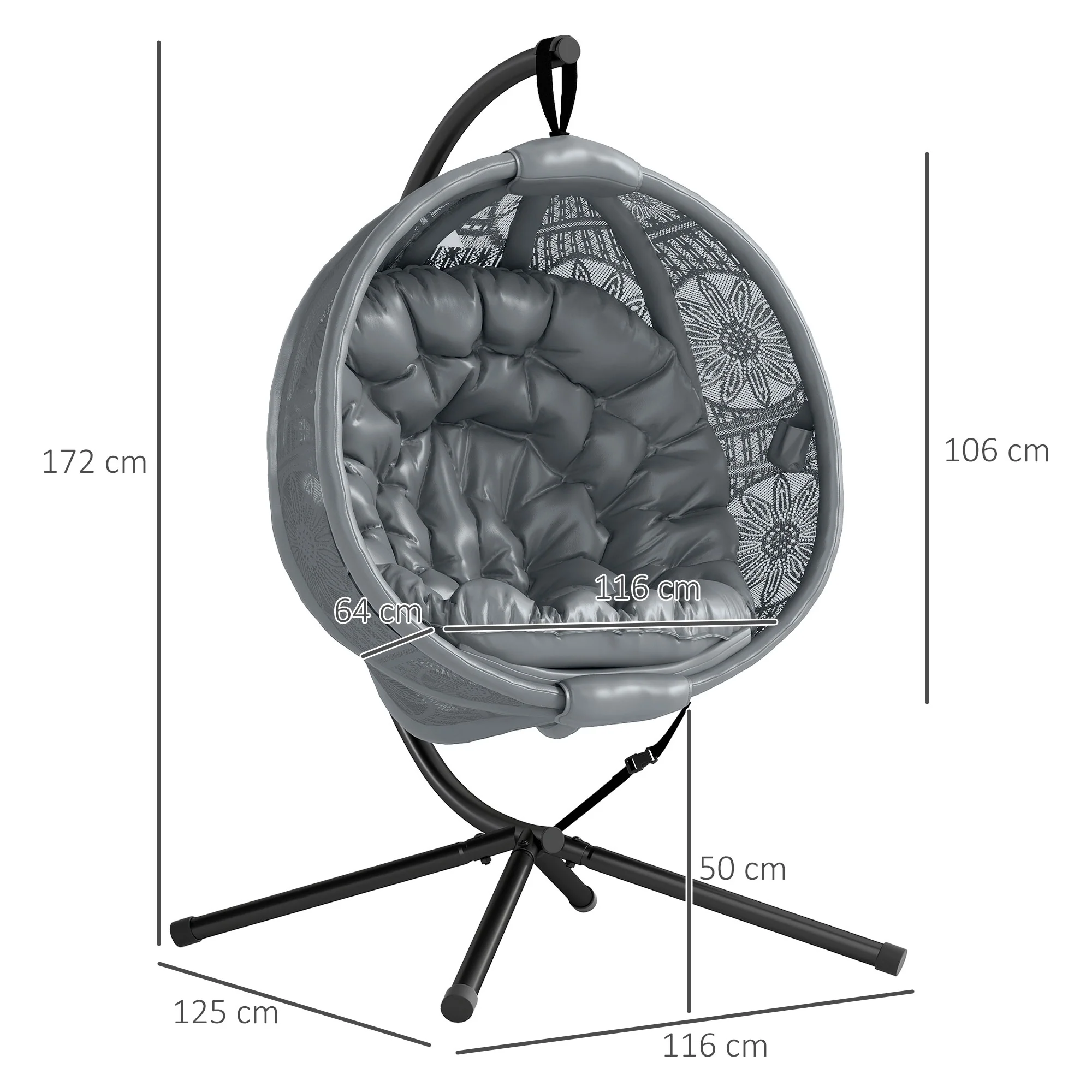 Outsunny Hanging Swing Chair w/ Metal Stand & Side Pocket, Charcoal Grey - Image 5