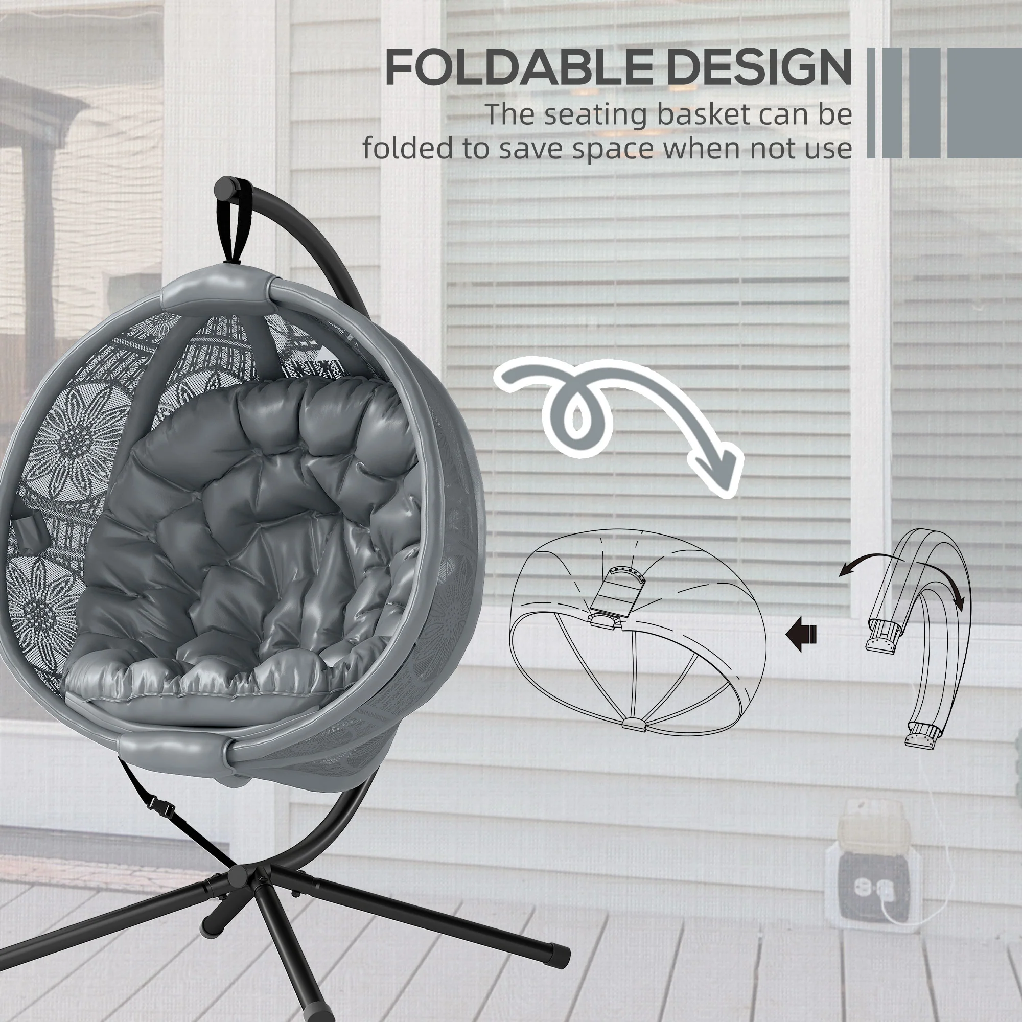 Outsunny Hanging Swing Chair w/ Metal Stand & Side Pocket, Charcoal Grey - Image 6