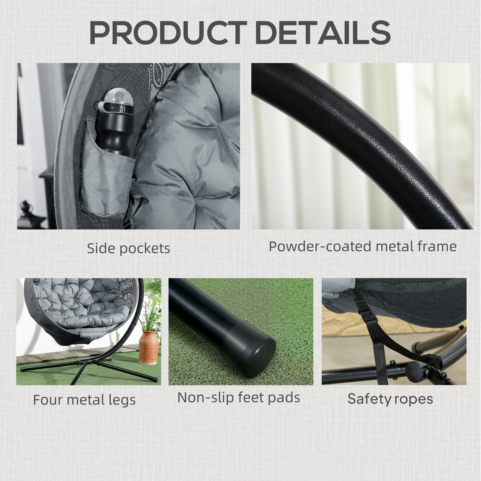 Outsunny Hanging Swing Chair w/ Metal Stand & Side Pocket, Charcoal Grey - Image 7