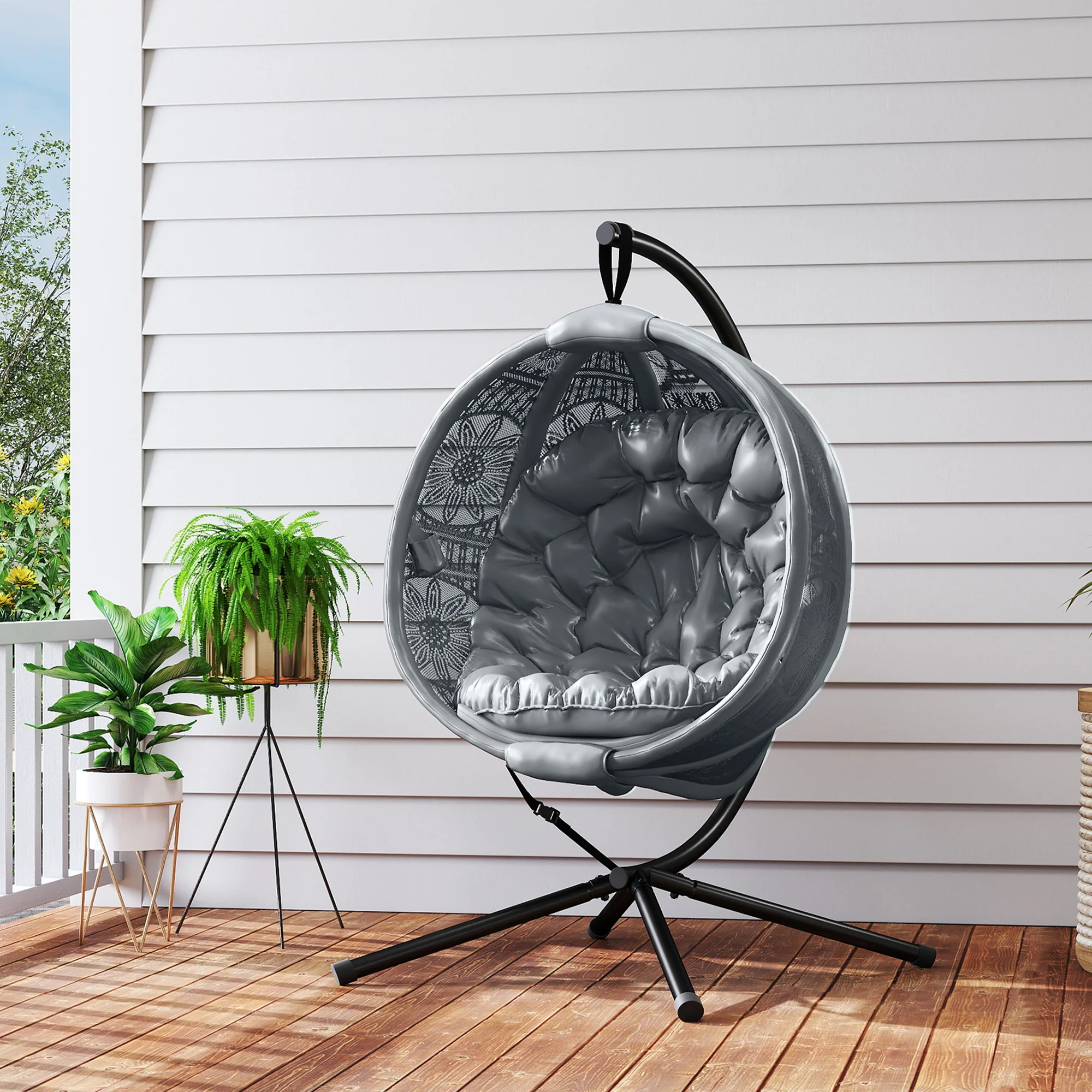 Outsunny Hanging Swing Chair w/ Metal Stand & Side Pocket, Charcoal Grey - Image 8