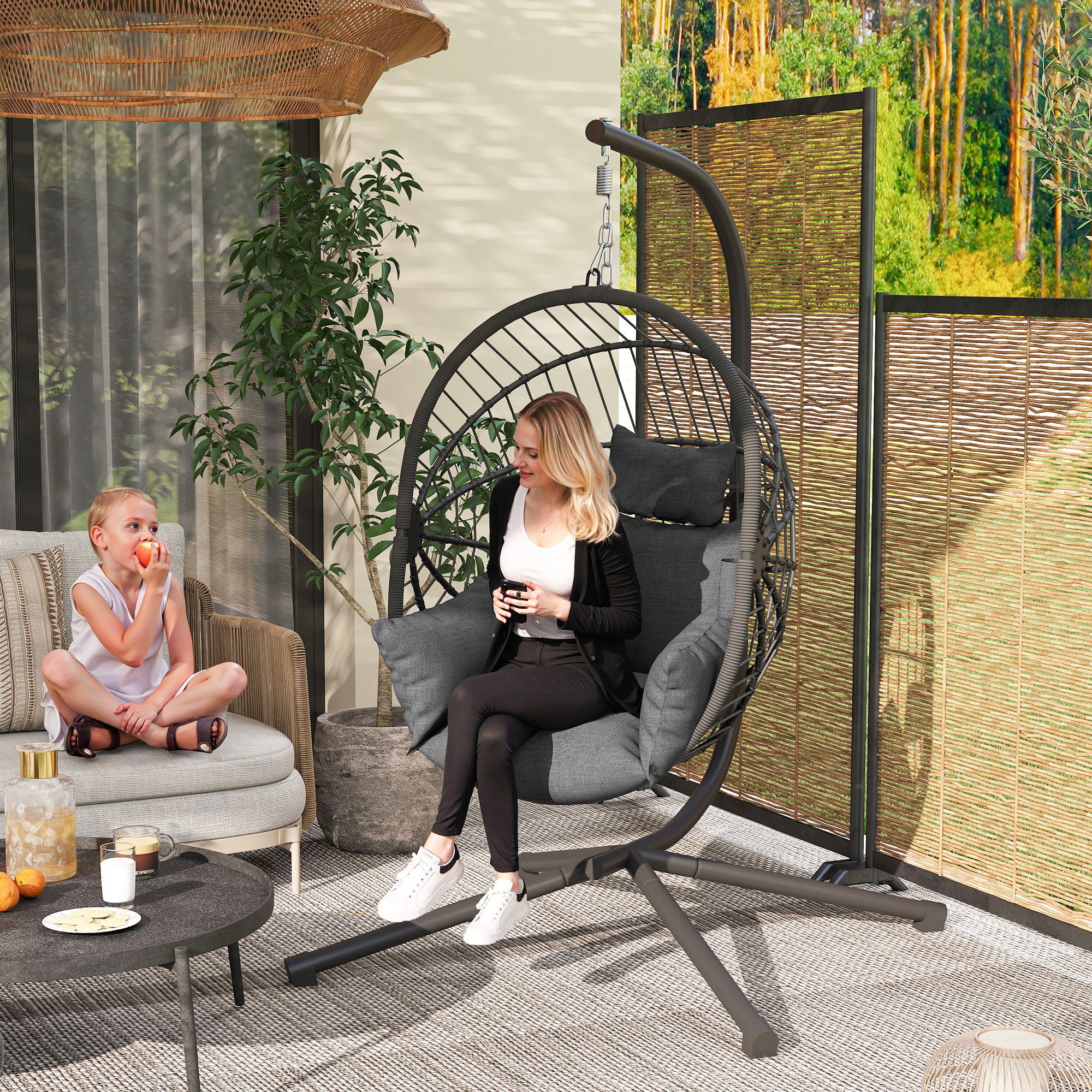 Outsunny Hanging Swing Chair w/ Thick Cushion, Patio Hanging Chair, Grey - Image 2