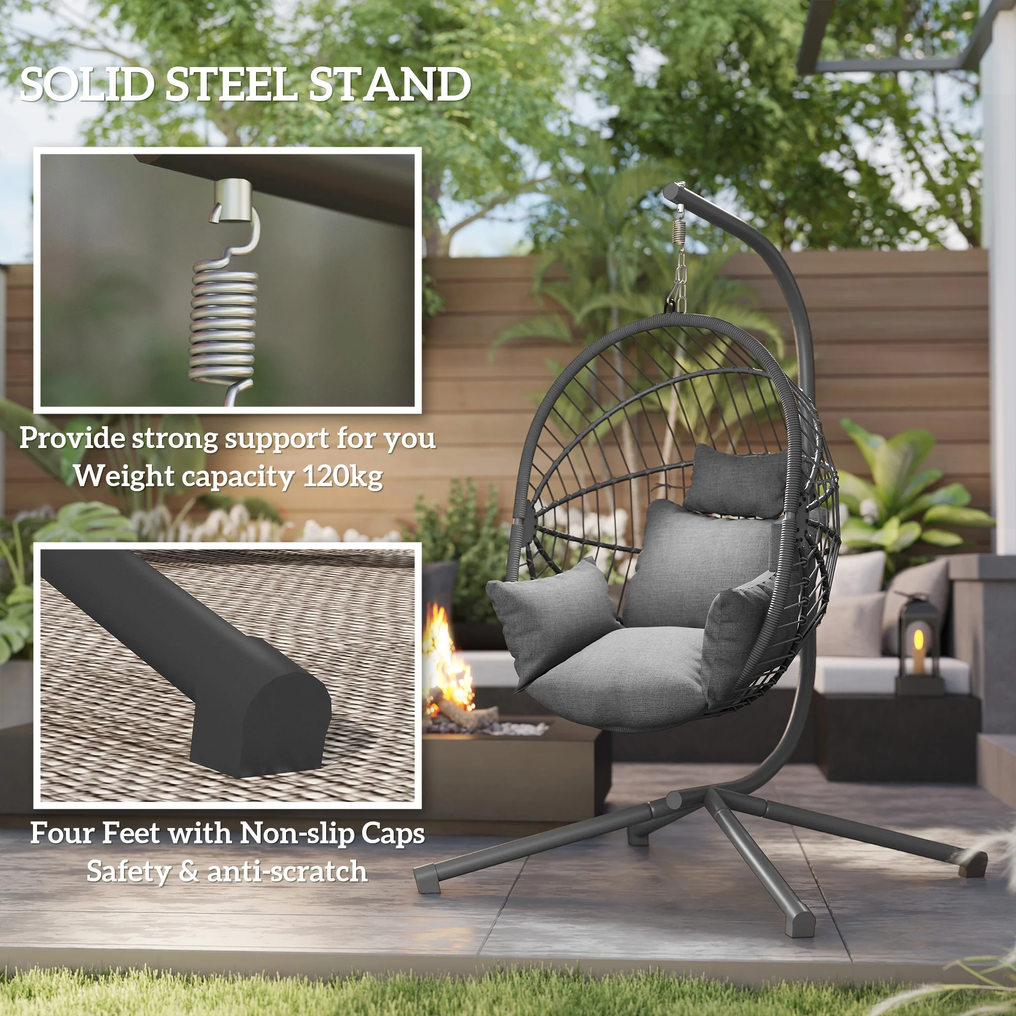 Outsunny Hanging Swing Chair w/ Thick Cushion, Patio Hanging Chair, Grey - Image 3