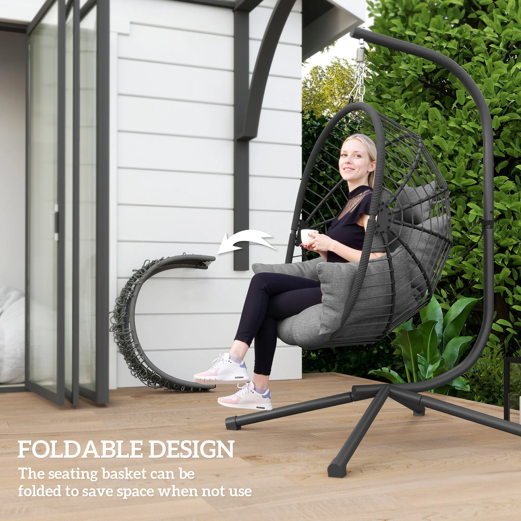 Outsunny Hanging Swing Chair w/ Thick Cushion, Patio Hanging Chair, Grey - Image 4
