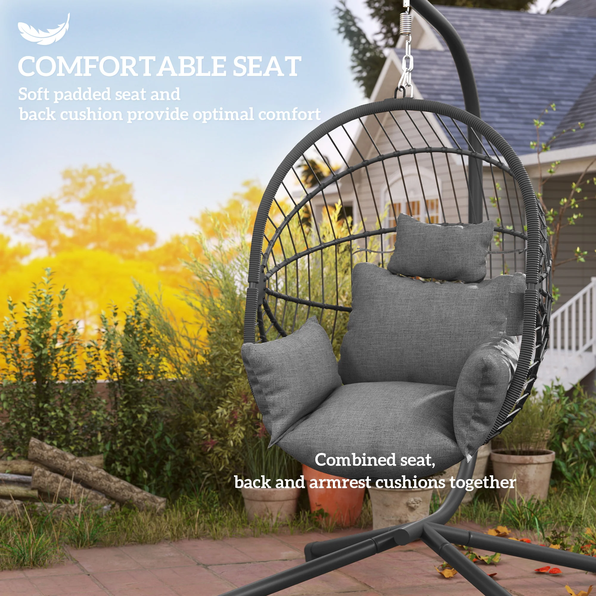 Outsunny Hanging Swing Chair w/ Thick Cushion, Patio Hanging Chair, Grey - Image 6