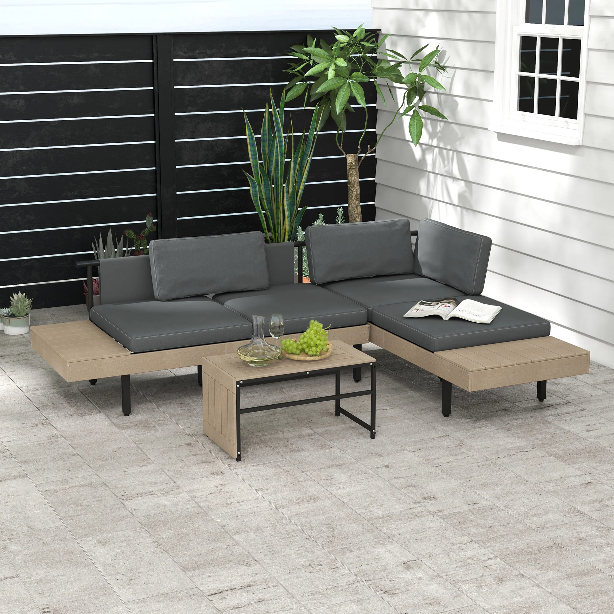 Outsunny HDPE Garden Furniture Sets with Cushions, Table, L-Shaped Sofa, Grey - Image 2