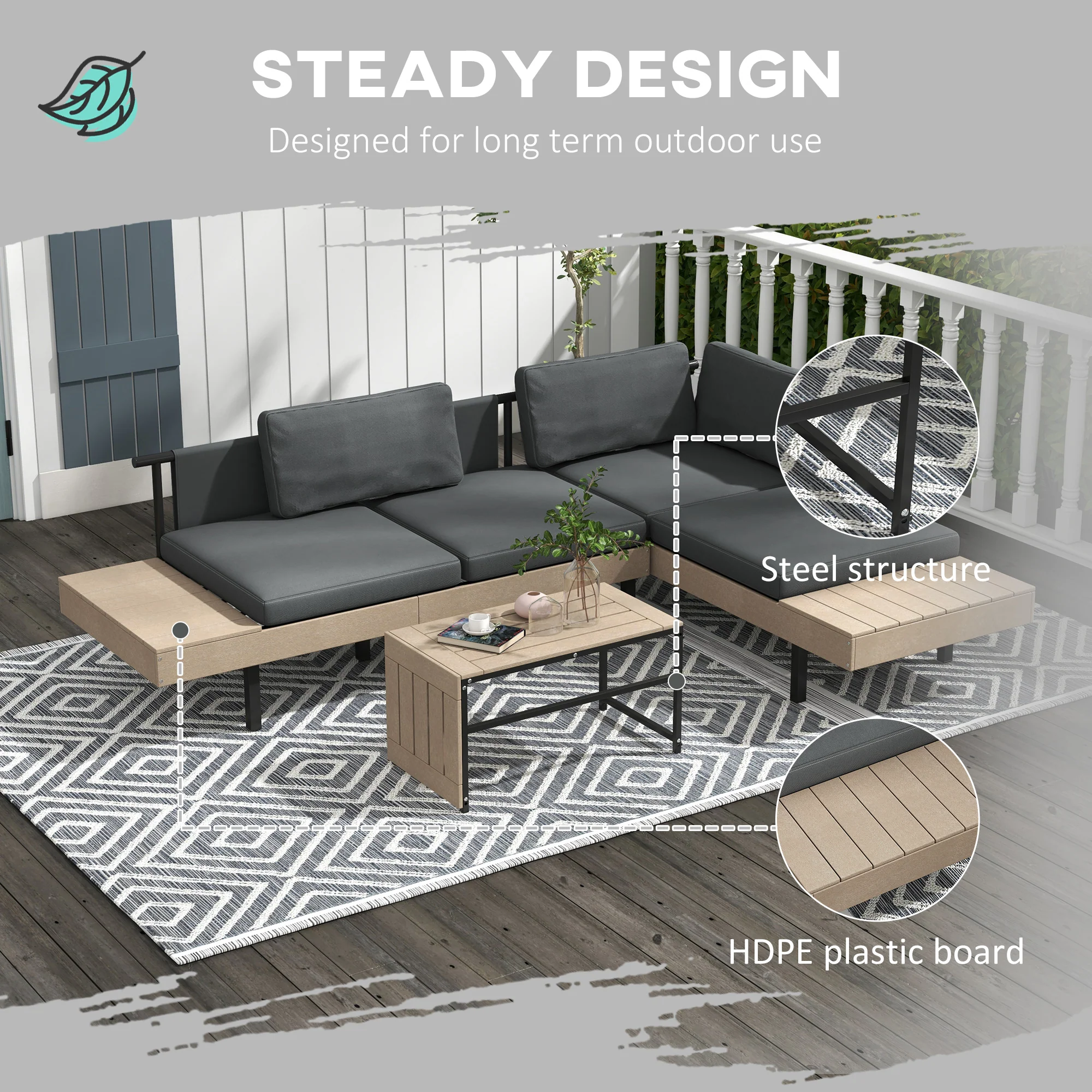 Outsunny HDPE Garden Furniture Sets with Cushions, Table, L-Shaped Sofa, Grey - Image 3