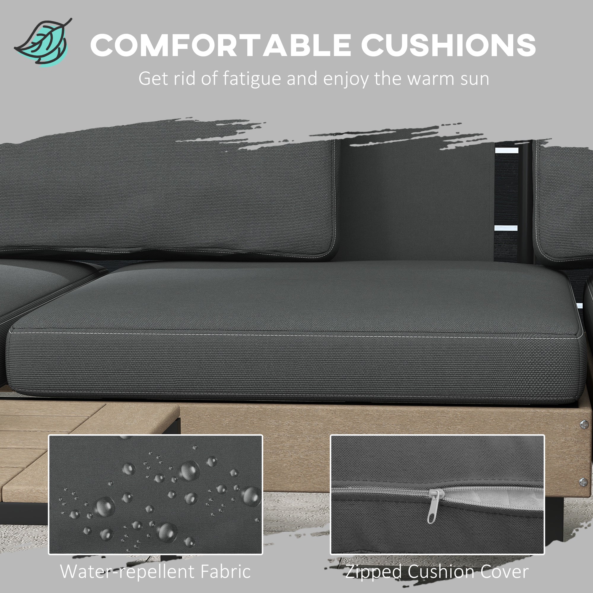 Outsunny HDPE Garden Furniture Sets with Cushions, Table, L-Shaped Sofa, Grey - Image 4