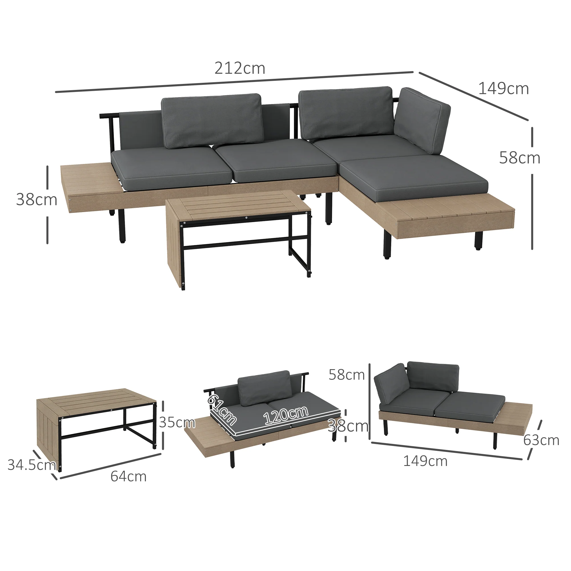 Outsunny HDPE Garden Furniture Sets with Cushions, Table, L-Shaped Sofa, Grey - Image 5