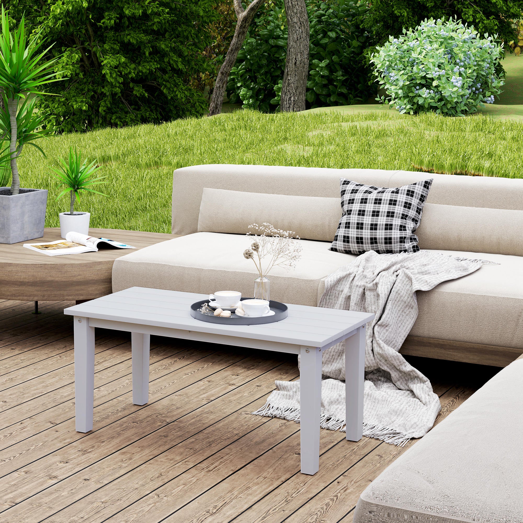 Outsunny HDPE Rectangle Garden Coffee Table, Slatted Outdoor Table, White - Image 2