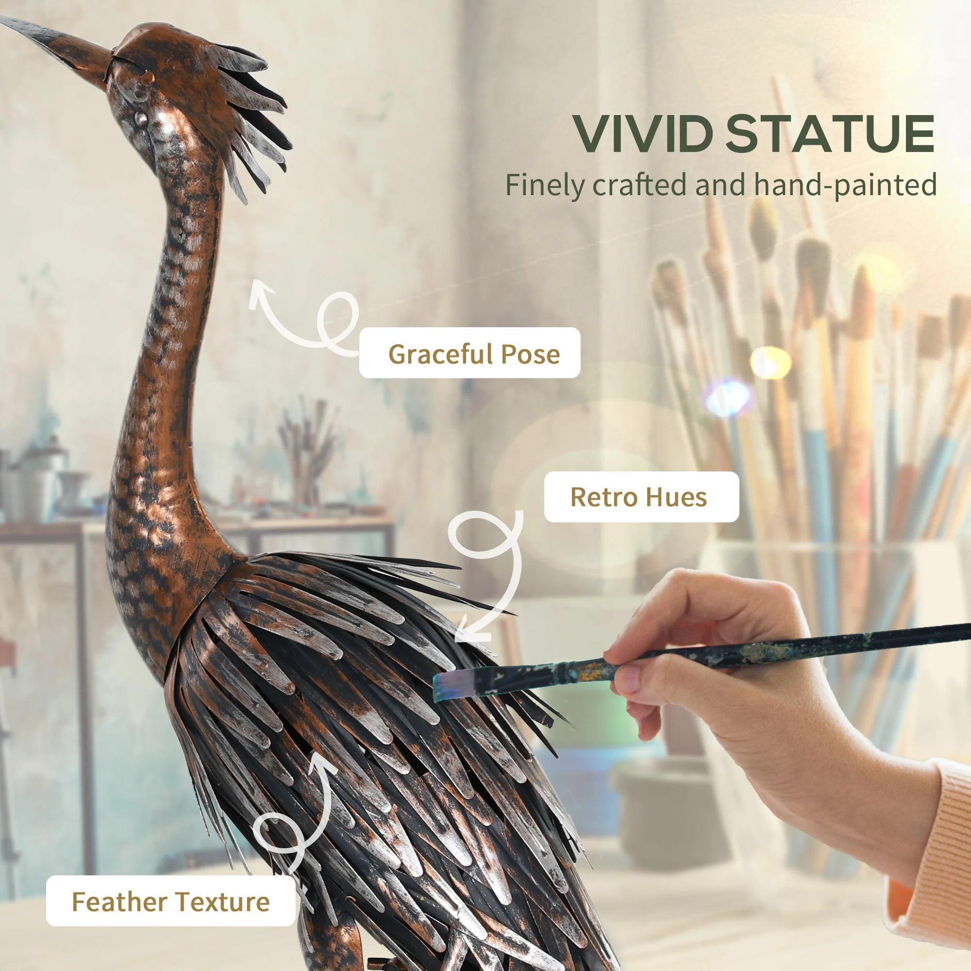 Outsunny Heron Garden Statue, Metal Garden Gift With Stakes, Silver Tone - Image 3