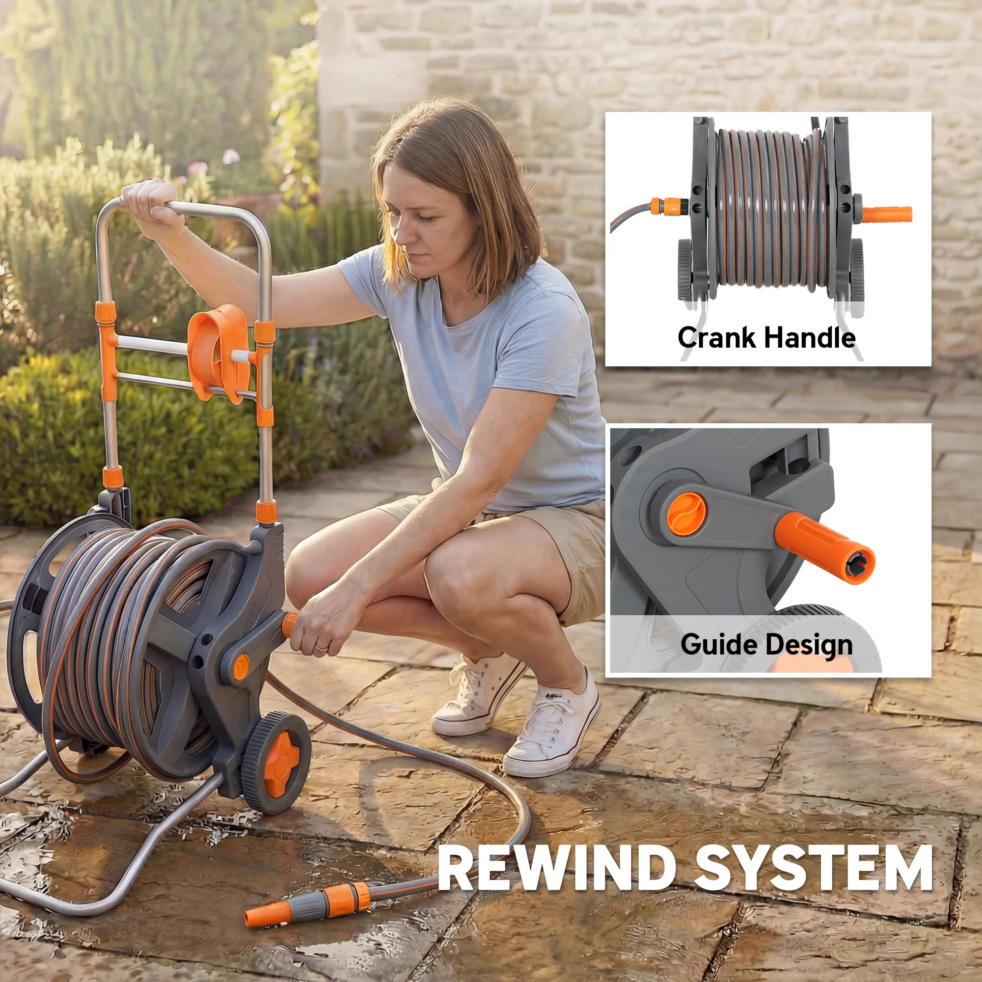 Outsunny Hose Reel Cart With Wheels, 45+2m Garden Hose Reel, Orange - Image 6