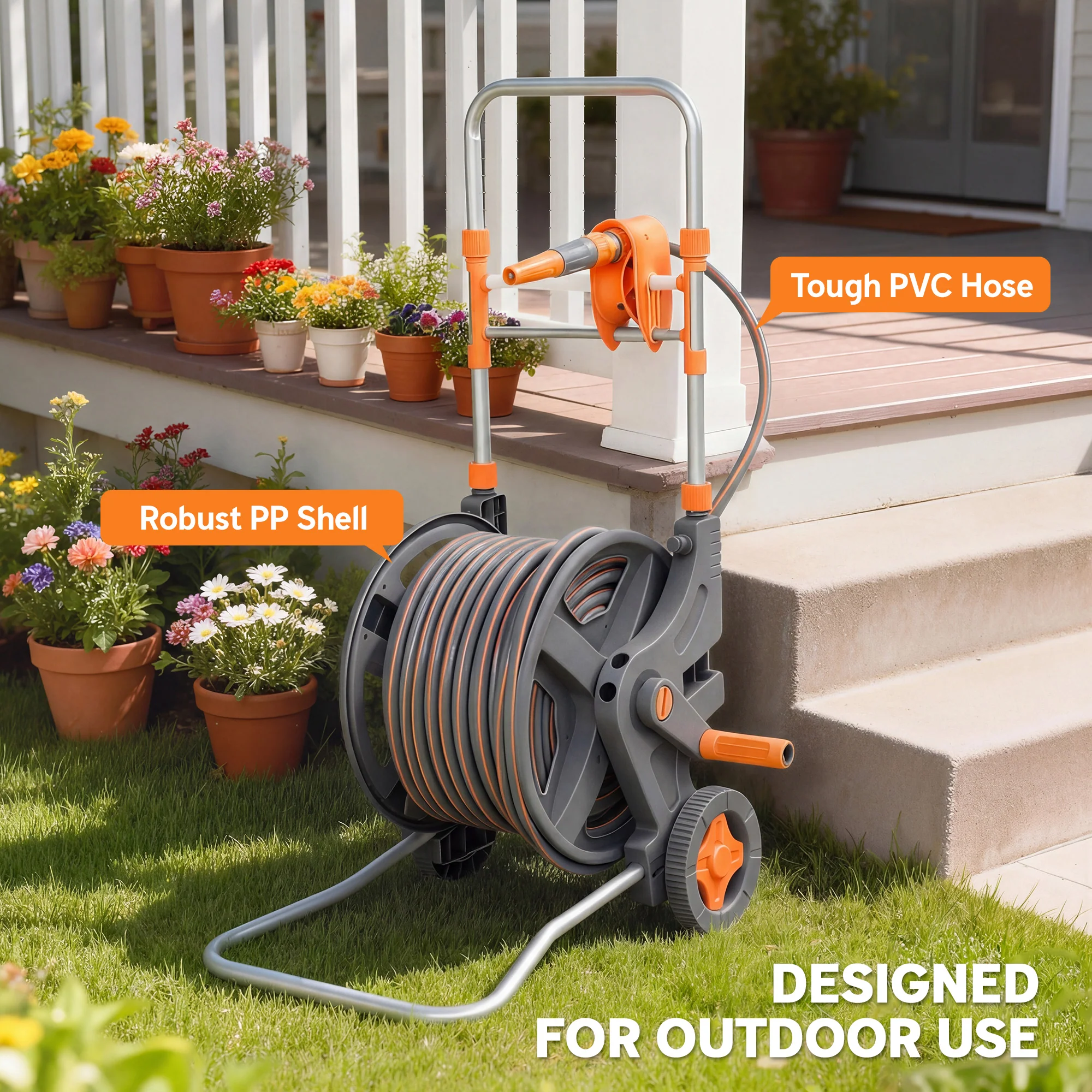 Outsunny Hose Reel Cart With Wheels, 45+2m Garden Hose Reel, Orange - Image 8