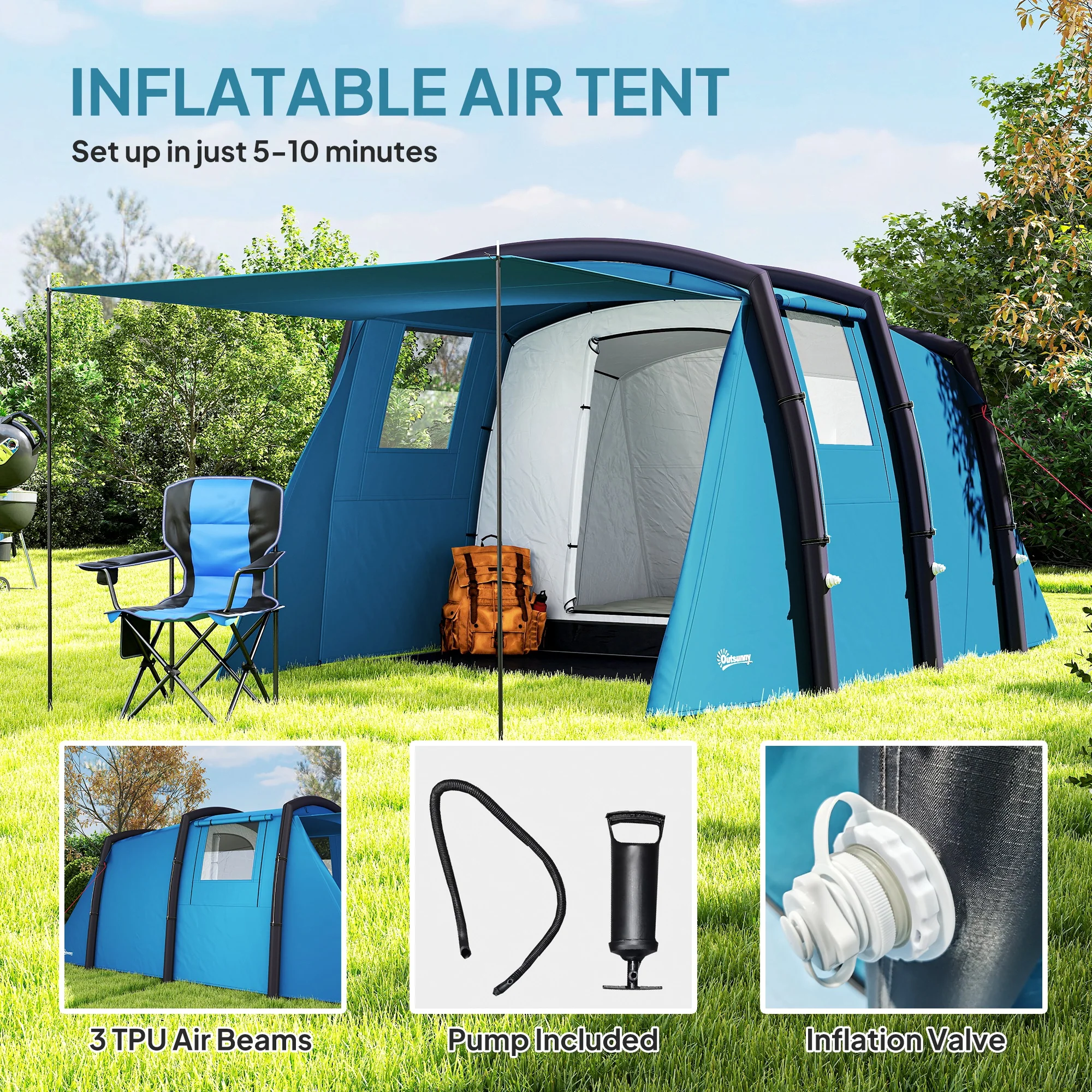 Outsunny Inflatable 3-4 Man Tunnel Tent W/ Air Pump, Living Area - Image 3