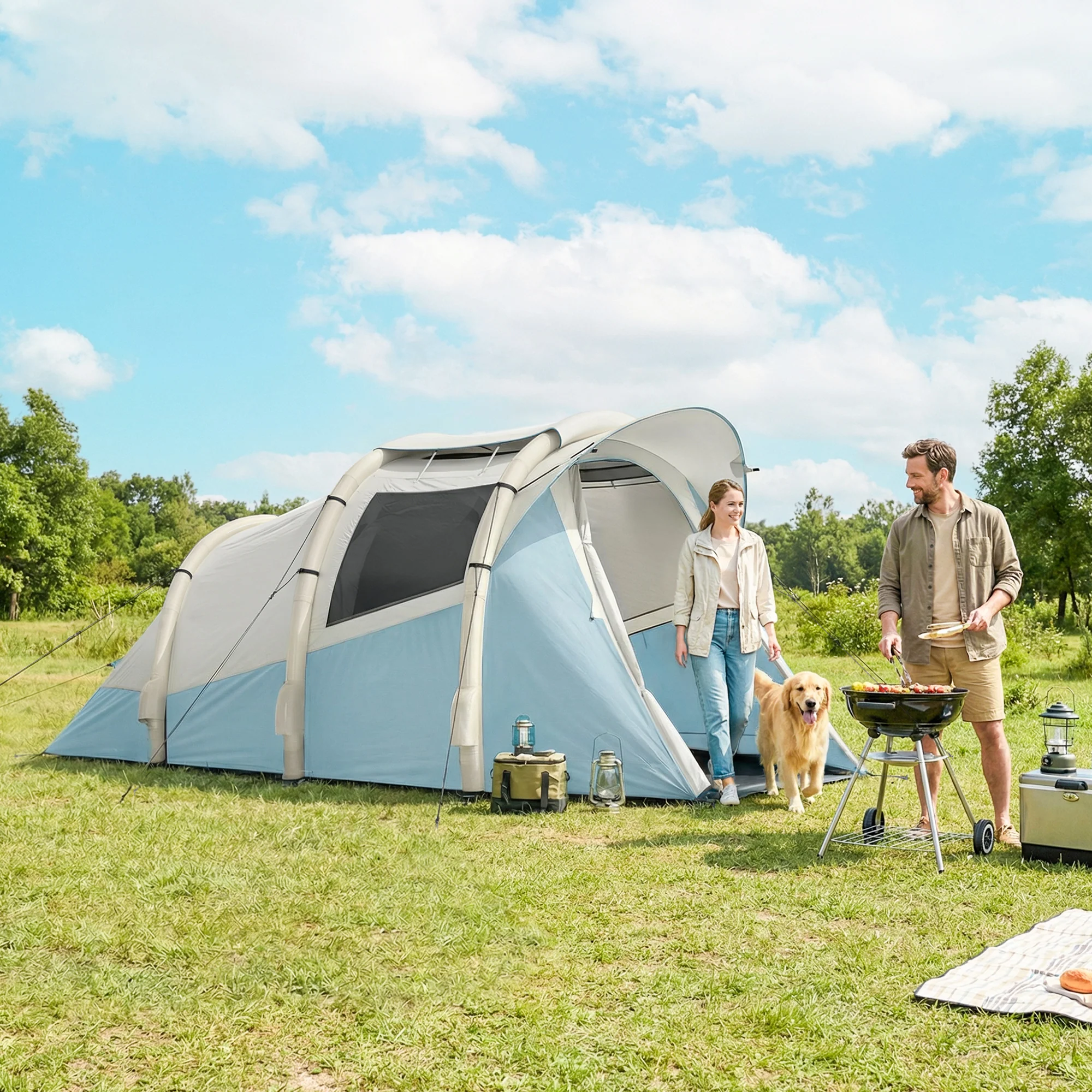 Outsunny Inflatable Camping Tent W/ Air Pump, 2-3 Person Blow Up Tent, Blue - Image 2