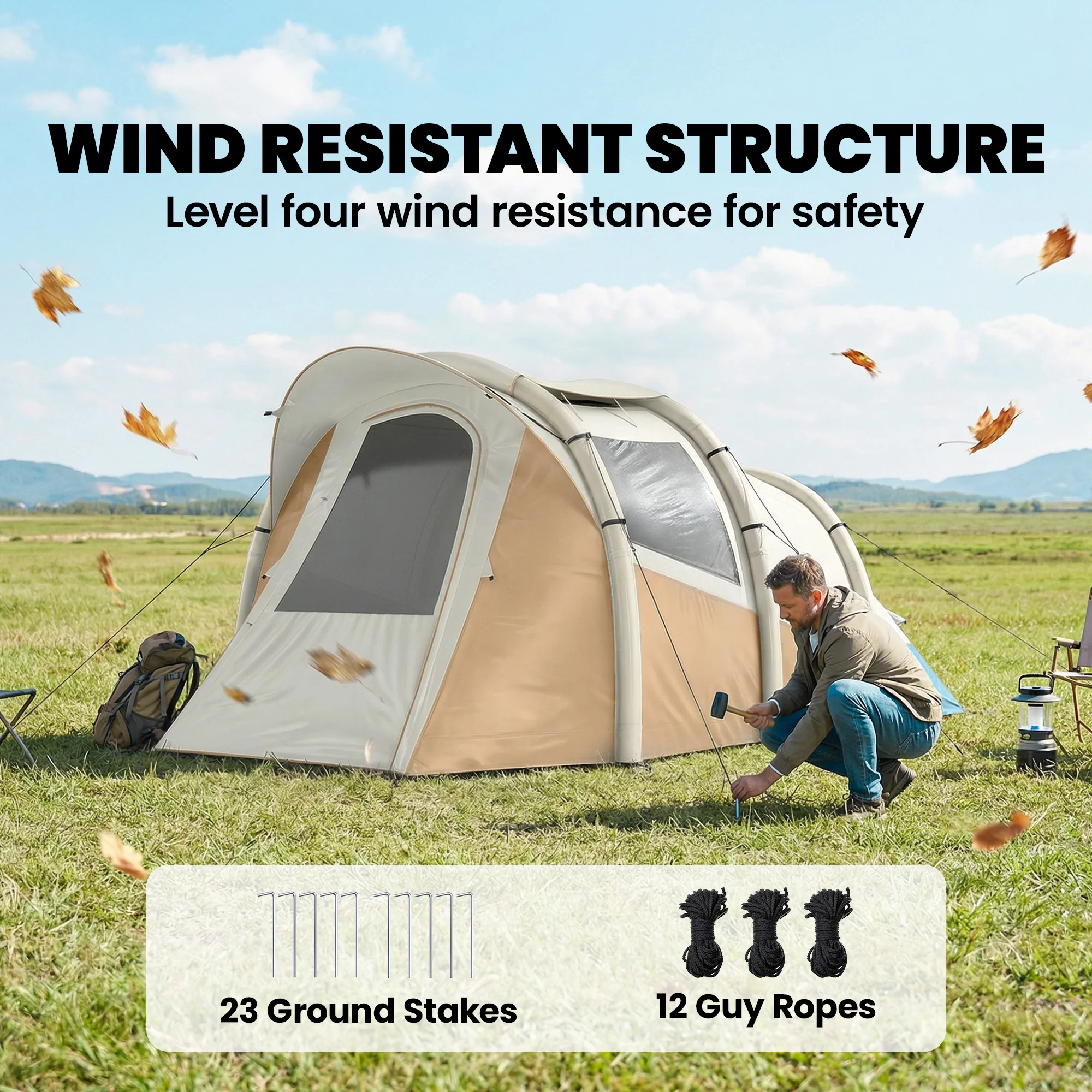 Outsunny Inflatable Camping Tent W/ Air Pump, 2-3 Person Blow Up Tent, Khaki - Image 8