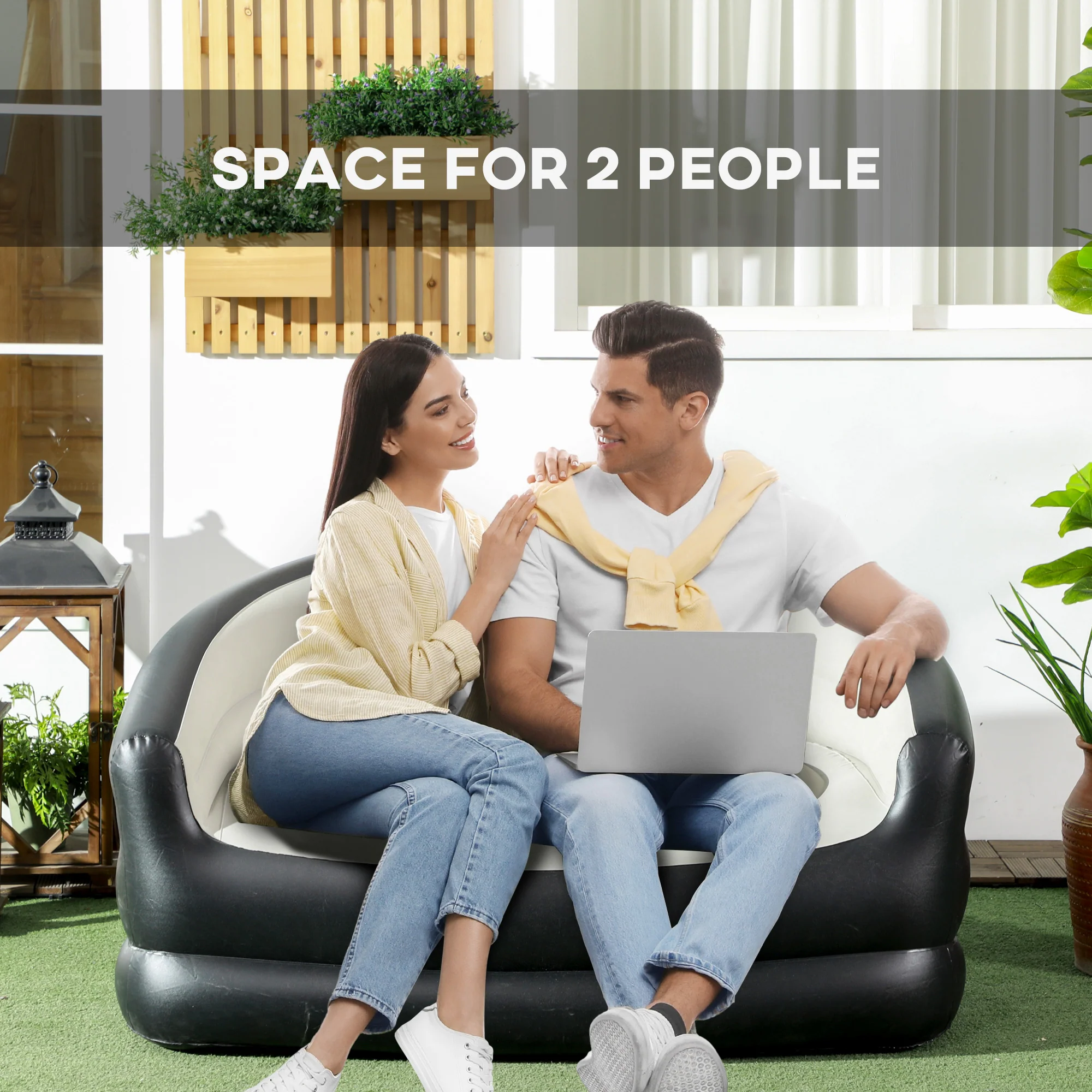 Outsunny Inflatable Chair with Soft Plush Fabric for Movie Watching, Grey - Image 3