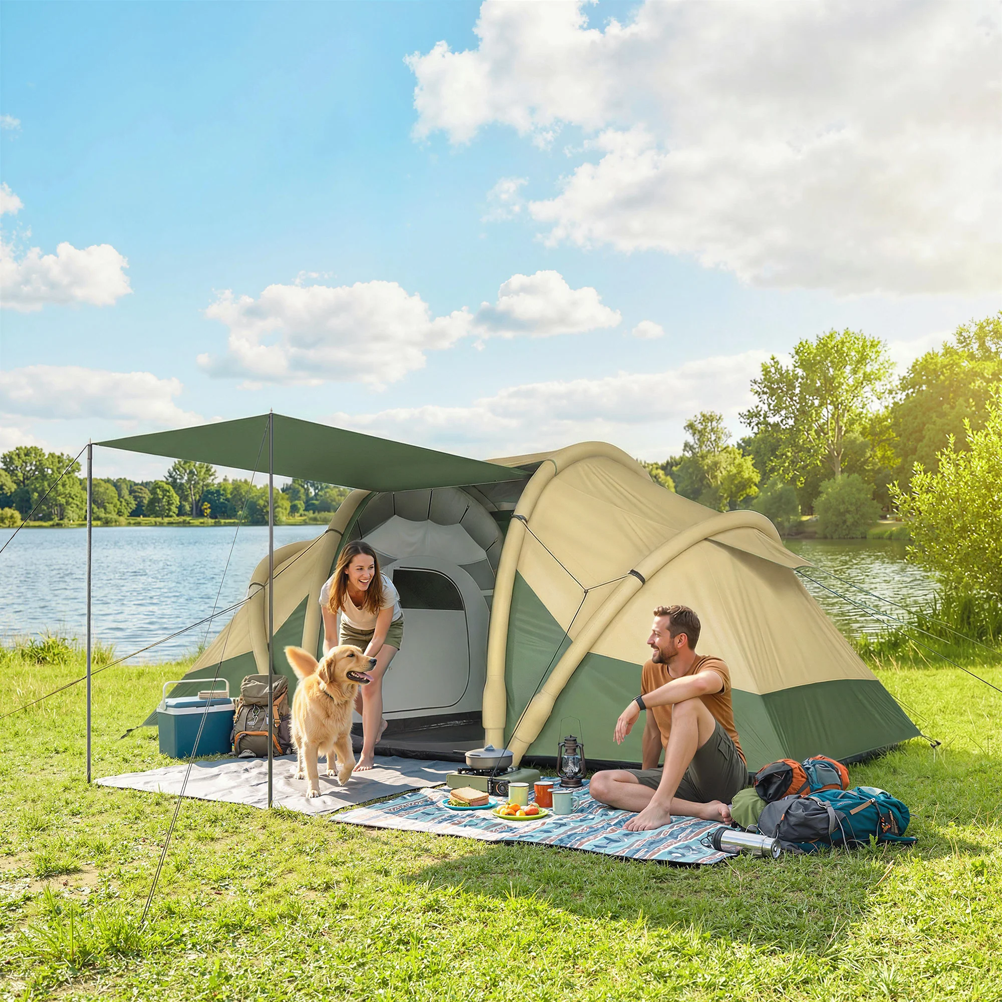 Outsunny Inflatable Tent 3000mm Waterproof for 4 Person, Green - Image 2
