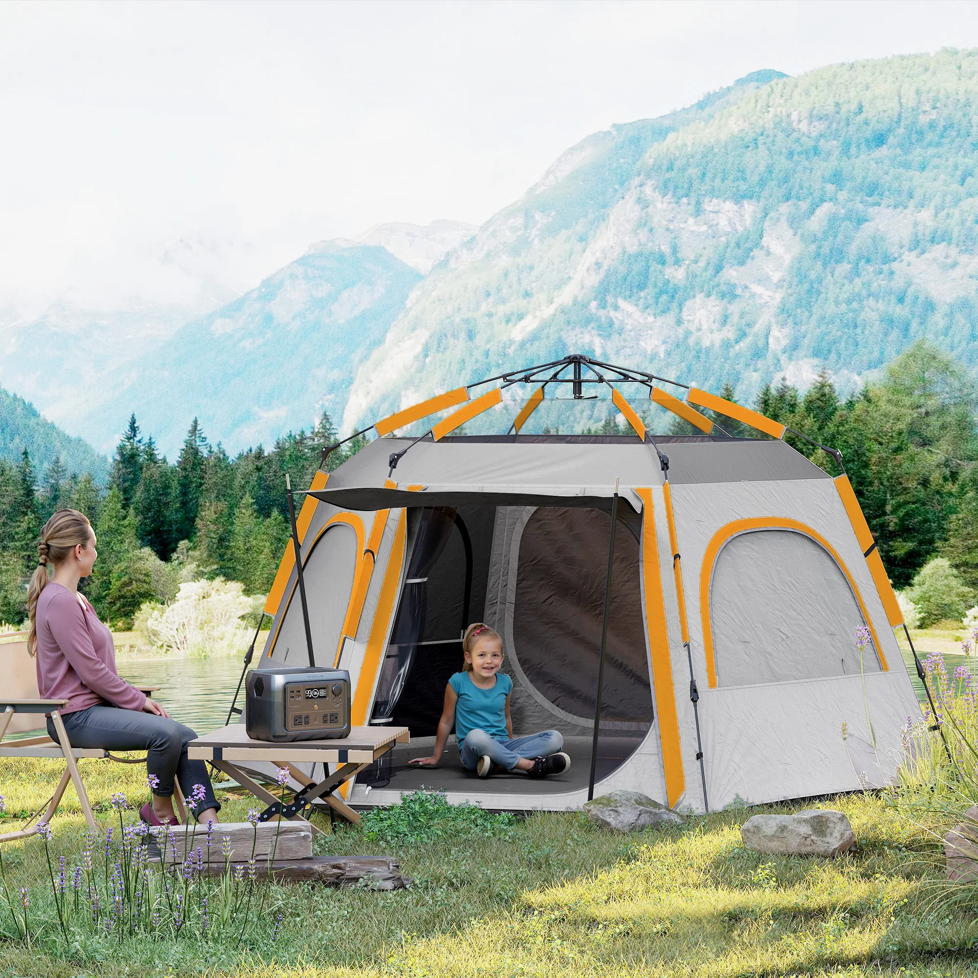 Outsunny Instant Camping Tent, 4 Person Easy Setup Dome Tent - Dark Grey/Light Grey/Yellow - Image 11