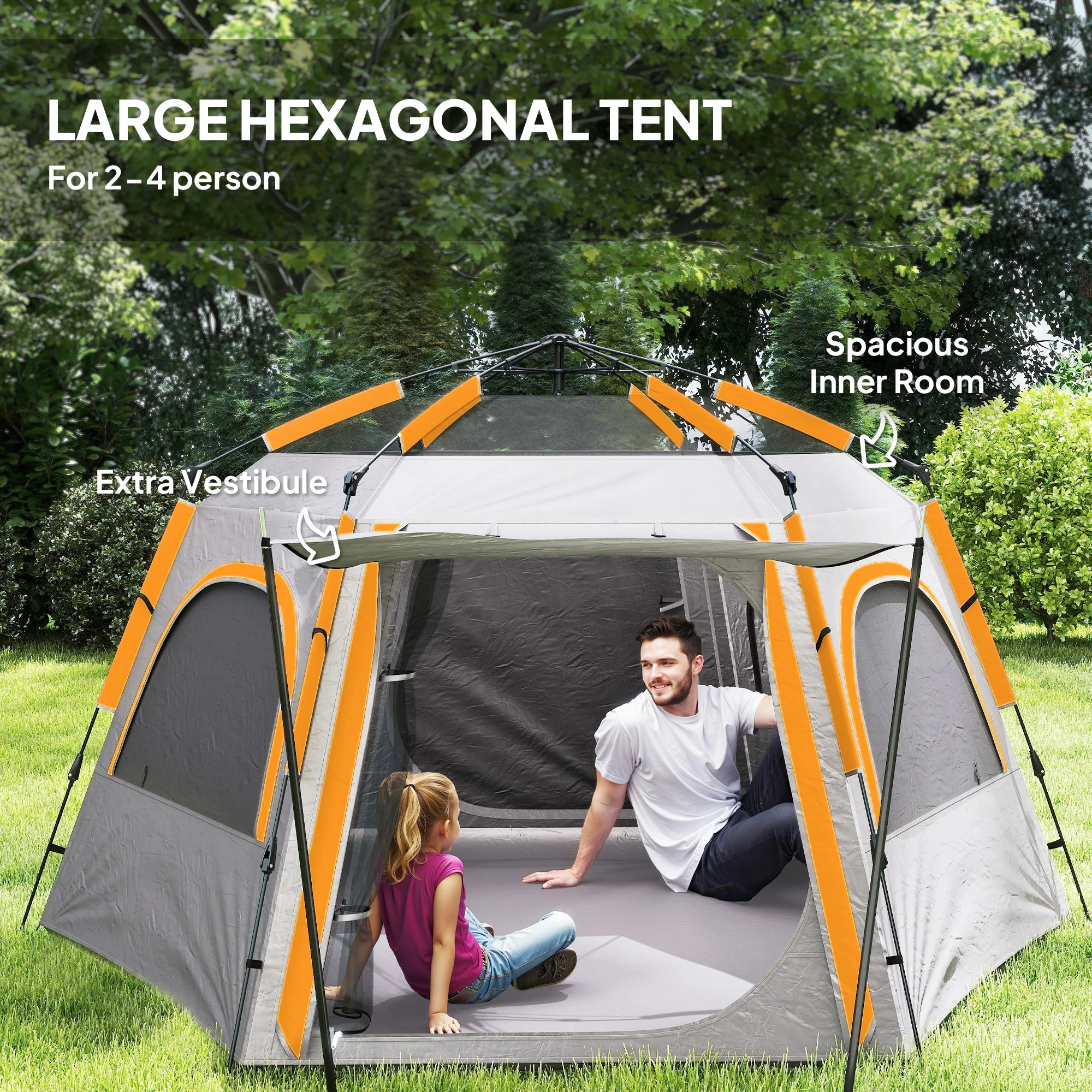 Outsunny Instant Camping Tent, 4 Person Easy Setup Dome Tent - Dark Grey/Light Grey/Yellow - Image 13