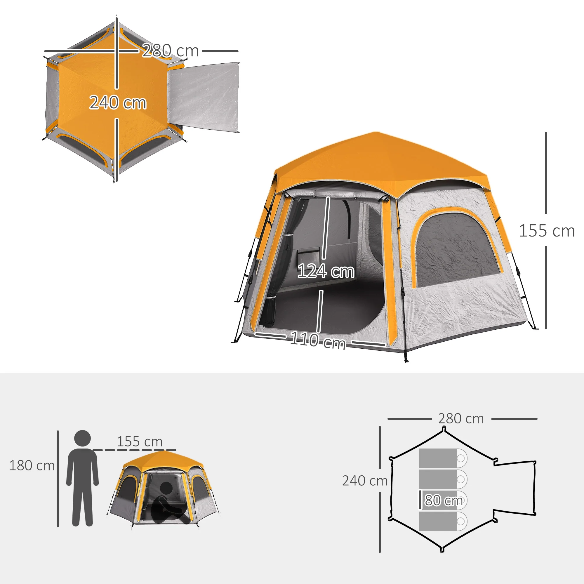 Outsunny Instant Camping Tent, 4 Person Easy Setup Dome Tent - Dark Grey/Light Grey/Yellow - Image 14