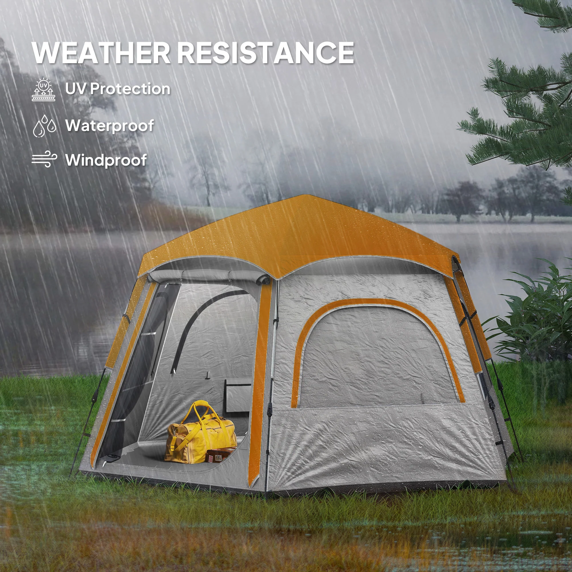 Outsunny Instant Camping Tent, 4 Person Easy Setup Dome Tent - Dark Grey/Light Grey/Yellow - Image 15