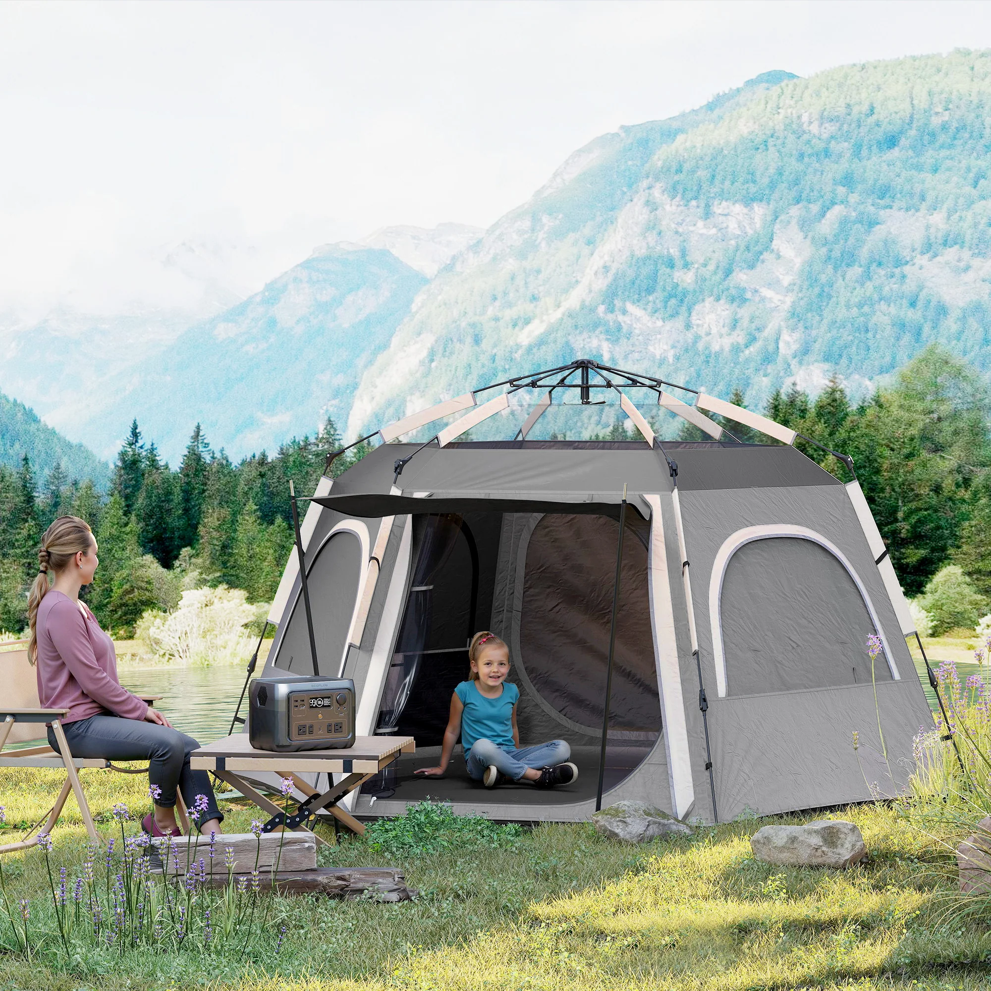 Outsunny Instant Camping Tent, 4 Person Easy Setup Dome Tent - Dark Grey/Light Grey/Yellow - Image 2