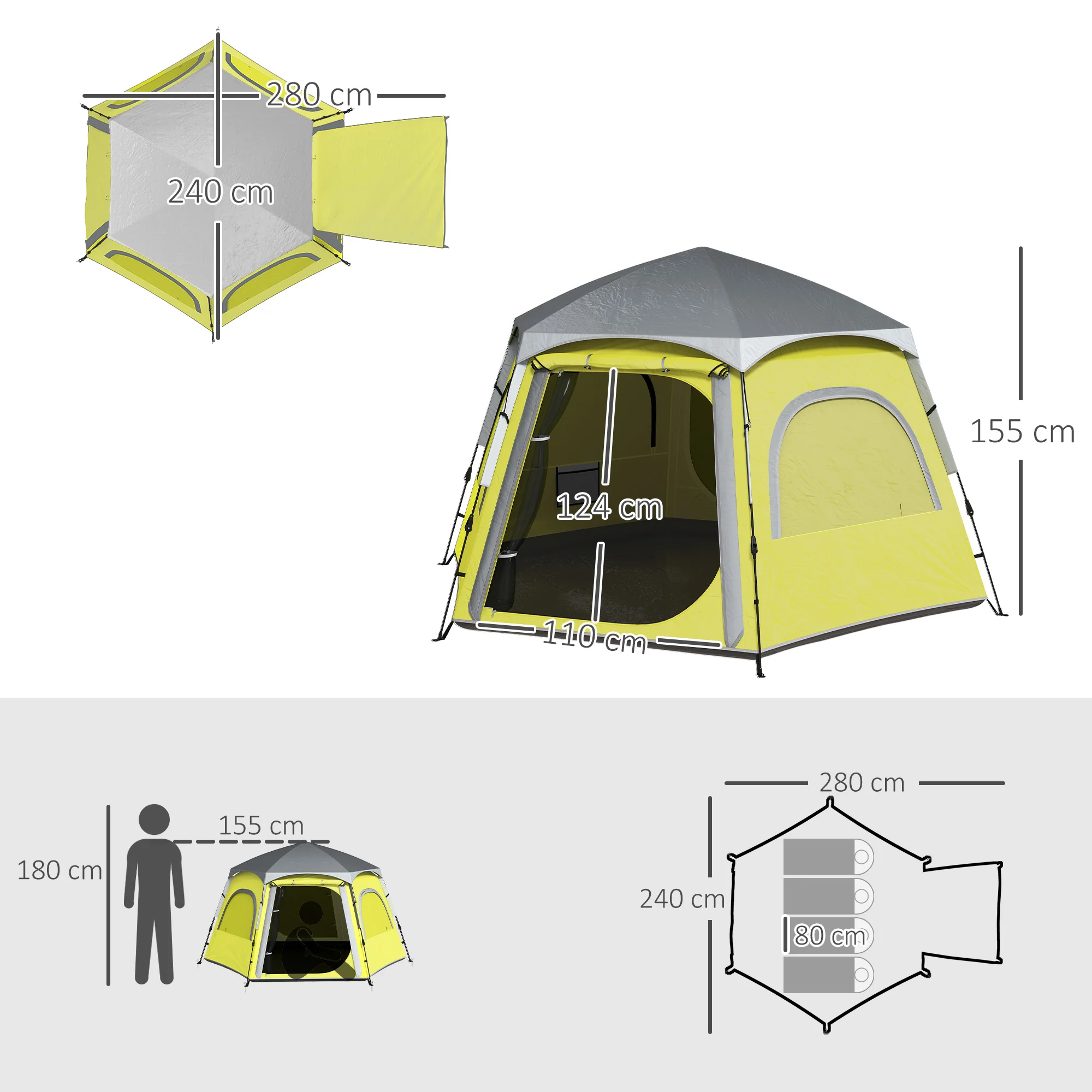 Outsunny Instant Camping Tent, 4 Person Easy Setup Dome Tent - Dark Grey/Light Grey/Yellow - Image 23