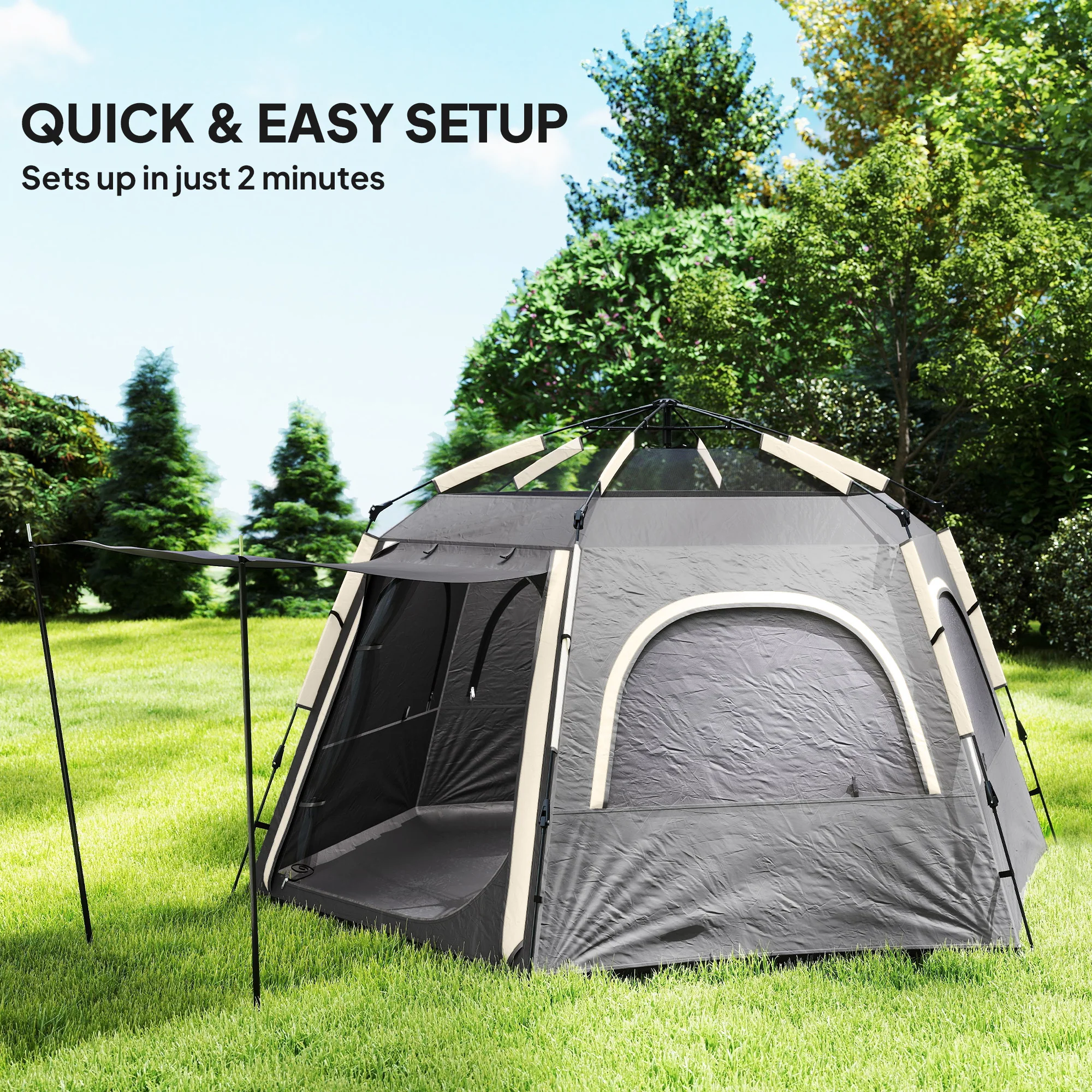 Outsunny Instant Camping Tent, 4 Person Easy Setup Dome Tent - Dark Grey/Light Grey/Yellow - Image 3