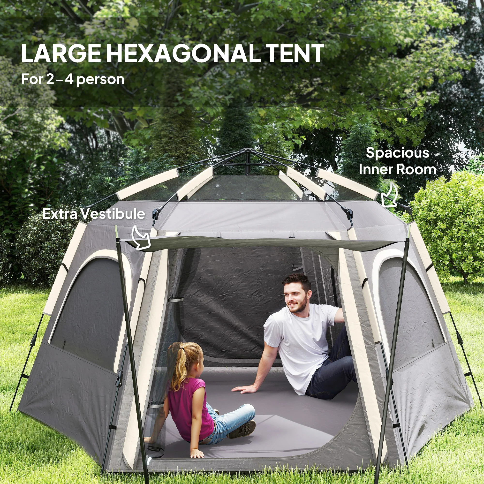 Outsunny Instant Camping Tent, 4 Person Easy Setup Dome Tent - Dark Grey/Light Grey/Yellow - Image 4