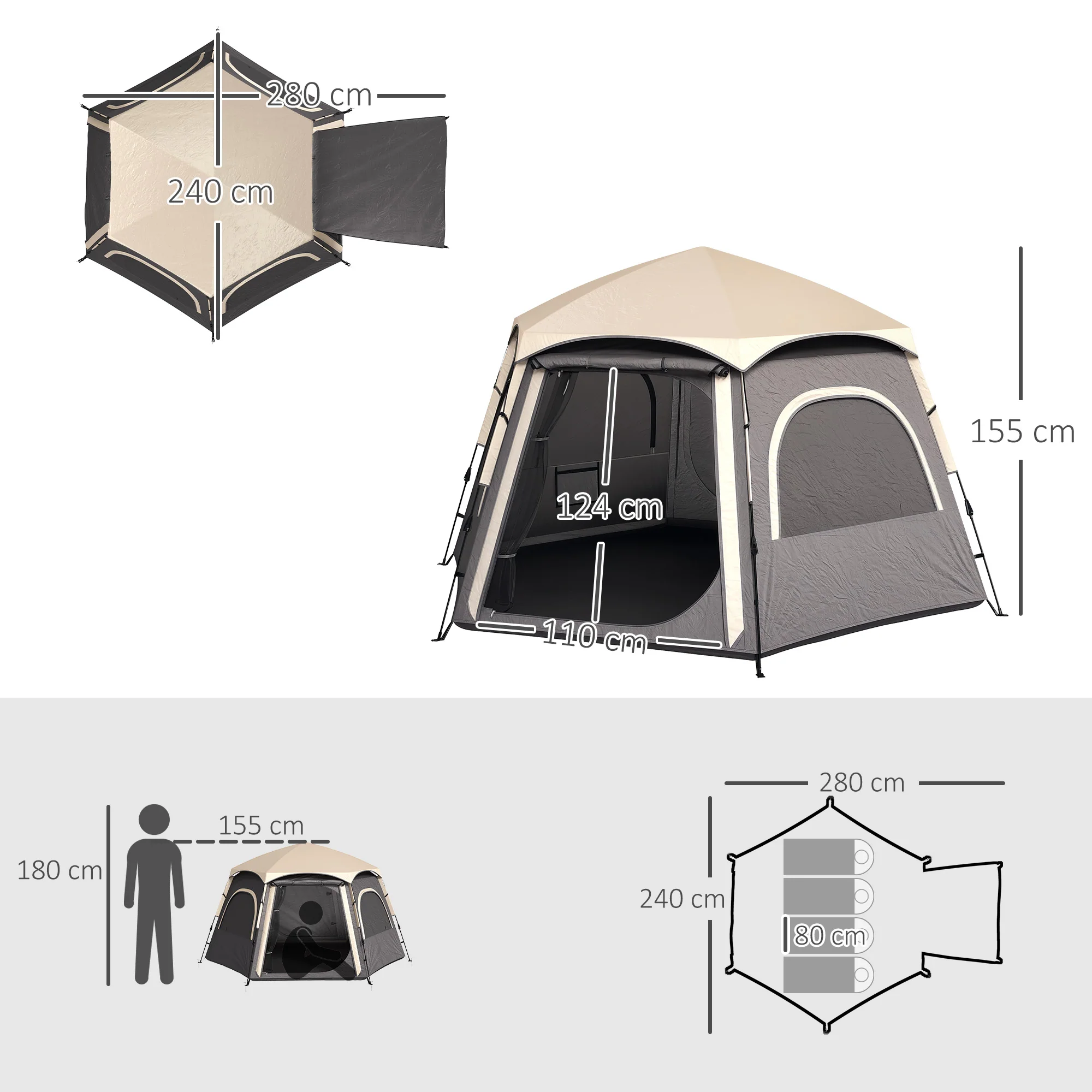 Outsunny Instant Camping Tent, 4 Person Easy Setup Dome Tent - Dark Grey/Light Grey/Yellow - Image 5