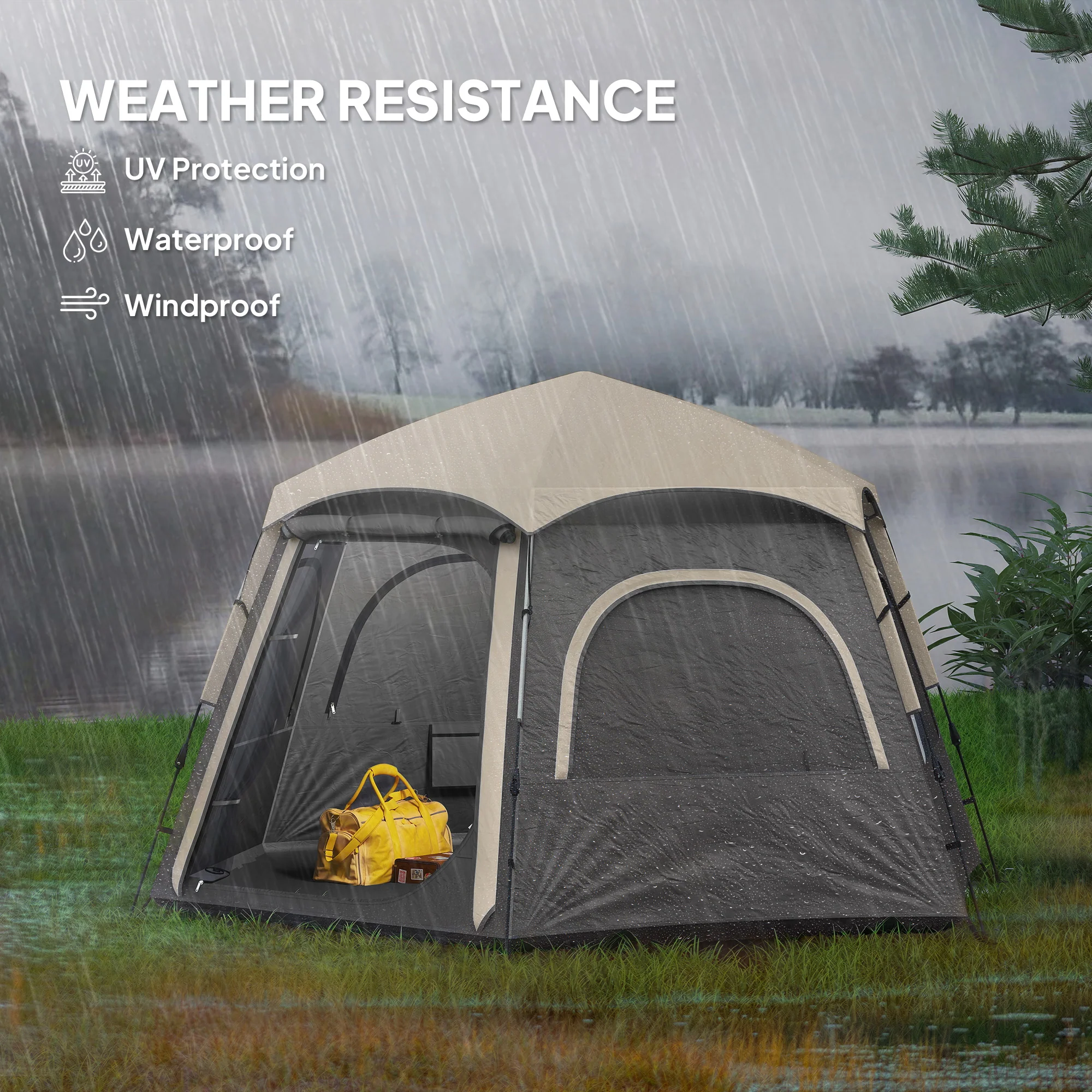 Outsunny Instant Camping Tent, 4 Person Easy Setup Dome Tent - Dark Grey/Light Grey/Yellow - Image 6