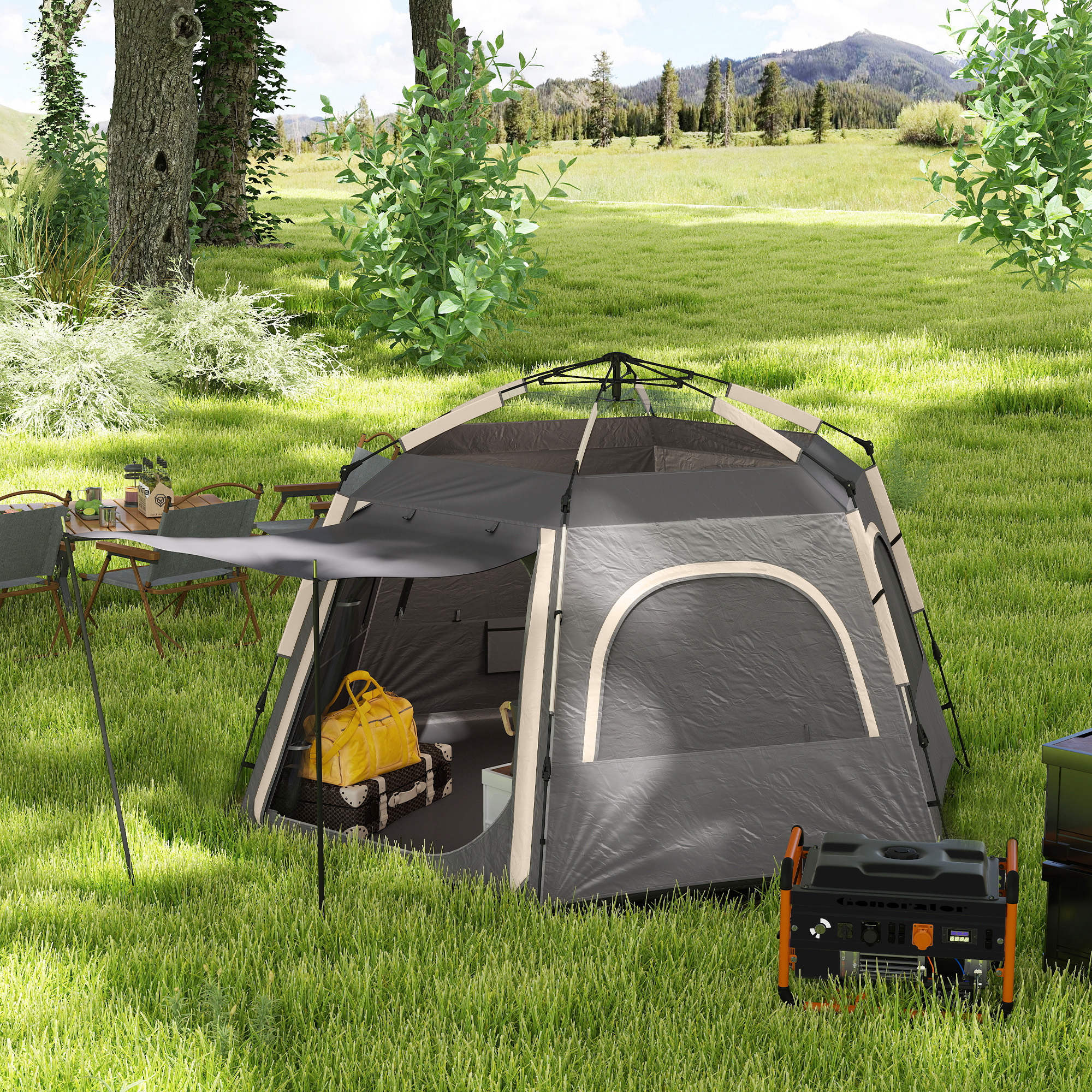 Outsunny Instant Camping Tent, 4 Person Easy Setup Dome Tent - Dark Grey/Light Grey/Yellow - Image 9