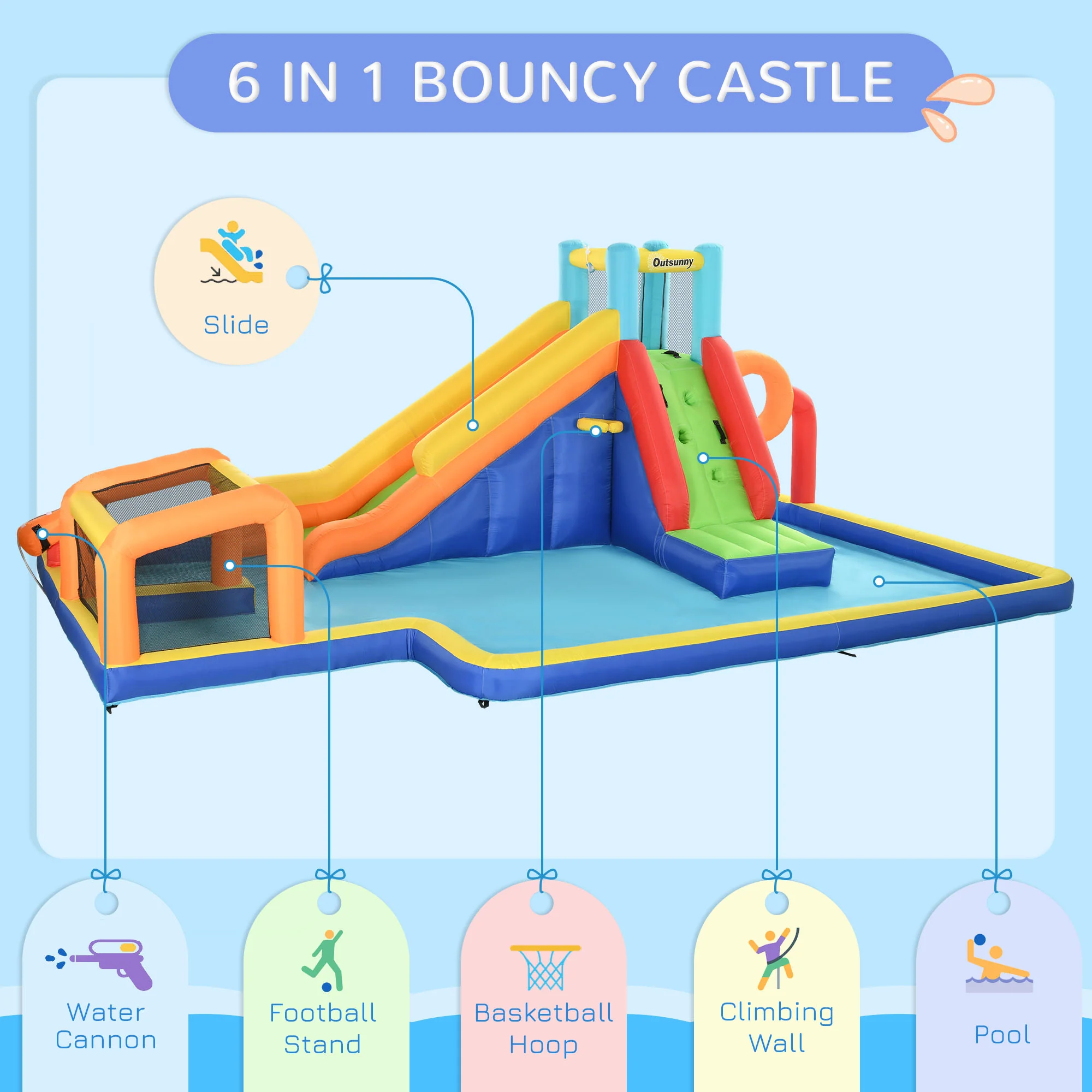 Outsunny Kids 6 in 1 Bouncy Castle with Blower, Carrying Bag for 3-8 Years - Image 3