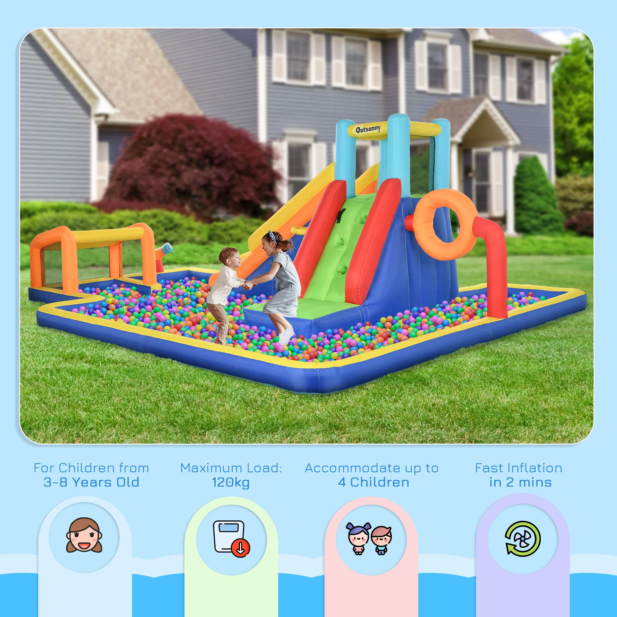 Outsunny Kids 6 in 1 Bouncy Castle with Blower, Carrying Bag for 3-8 Years - Image 4