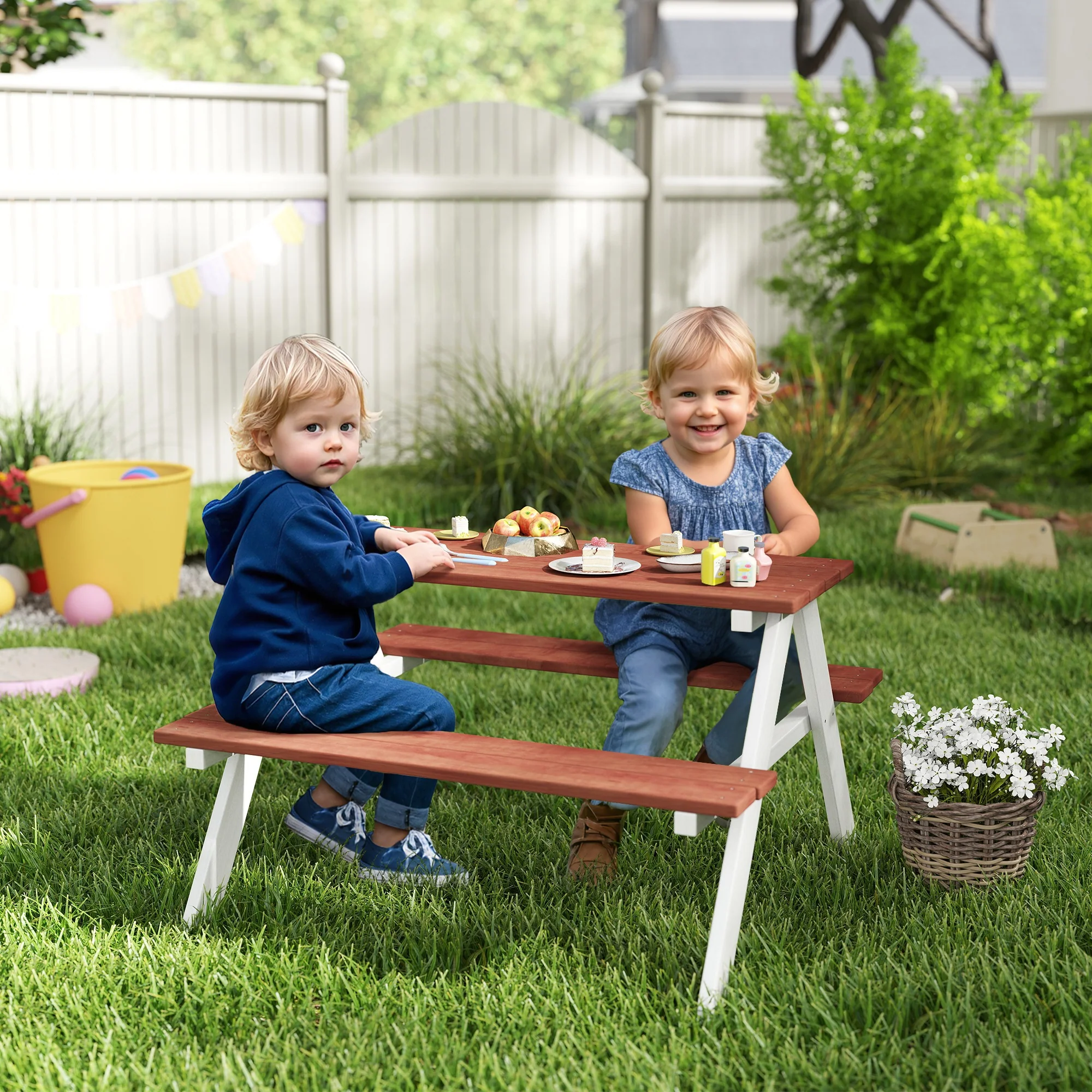 Outsunny Kids Picnic Table, Wooden Table and Bench Set for 3-8 Years, Brown - Image 2