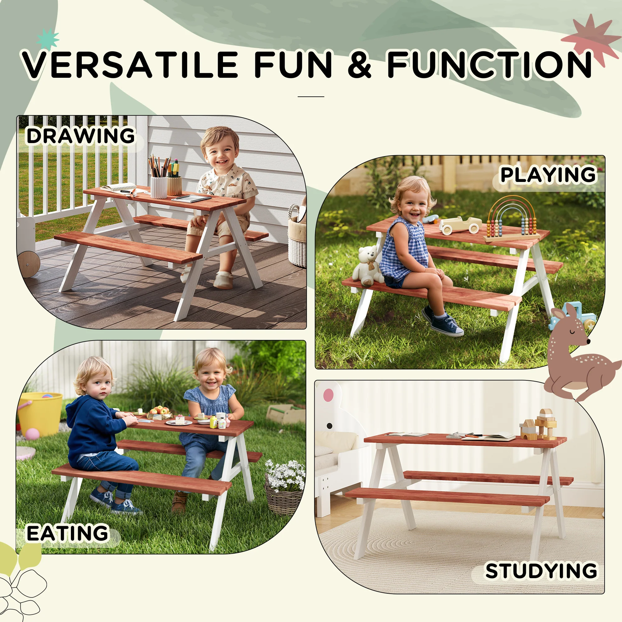 Outsunny Kids Picnic Table, Wooden Table and Bench Set for 3-8 Years, Brown - Image 3
