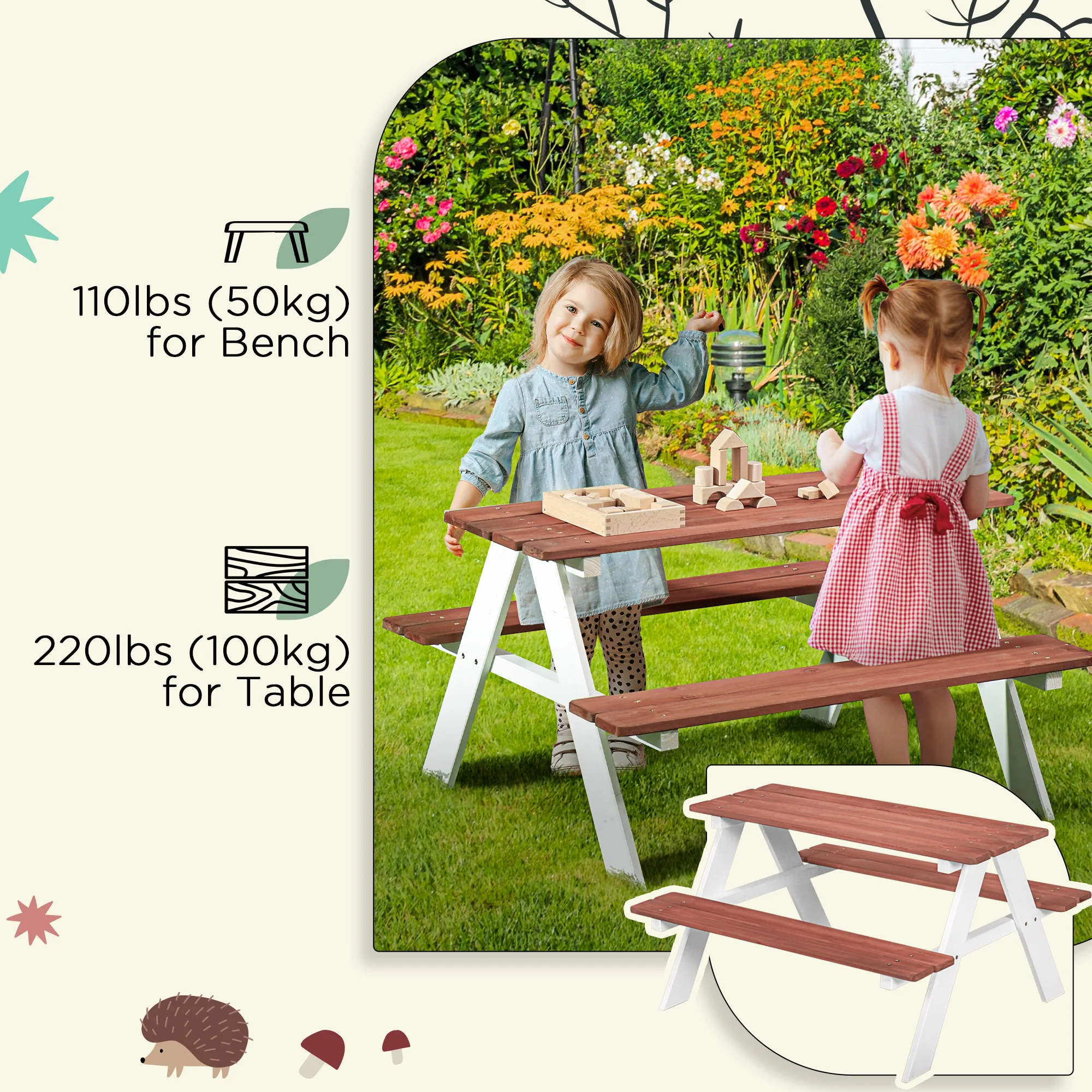 Outsunny Kids Picnic Table, Wooden Table and Bench Set for 3-8 Years, Brown - Image 6