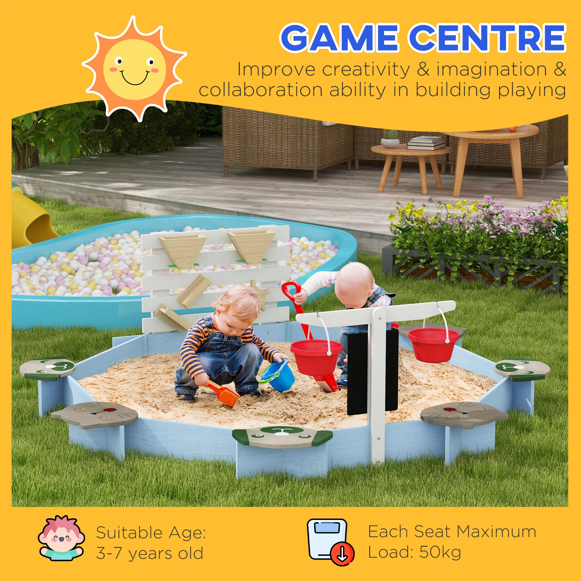 Outsunny Kids Sandbox, Outdoor Playset, for Ages 3-7 Years - Blue - Image 7