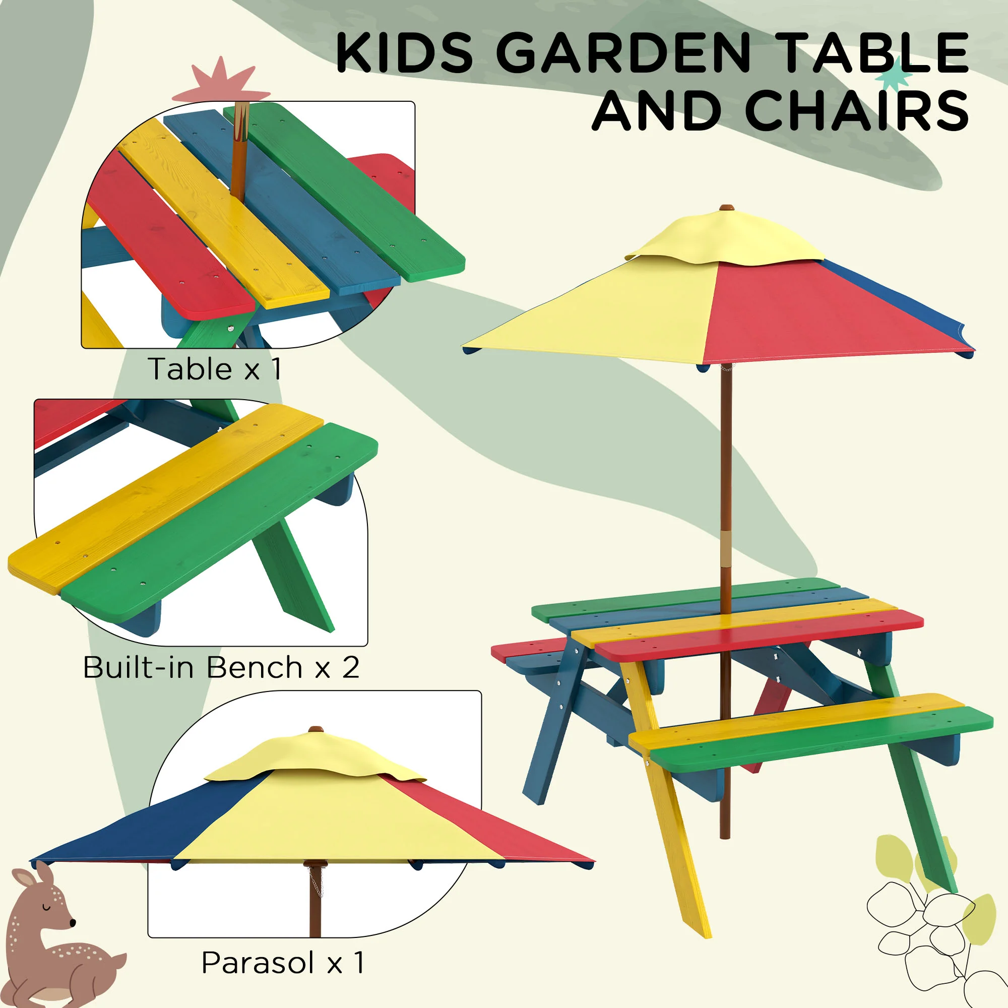 Outsunny Kids Table and Chair Set w/ Removable Parasol, for Ages 3-6 Years - Image 3