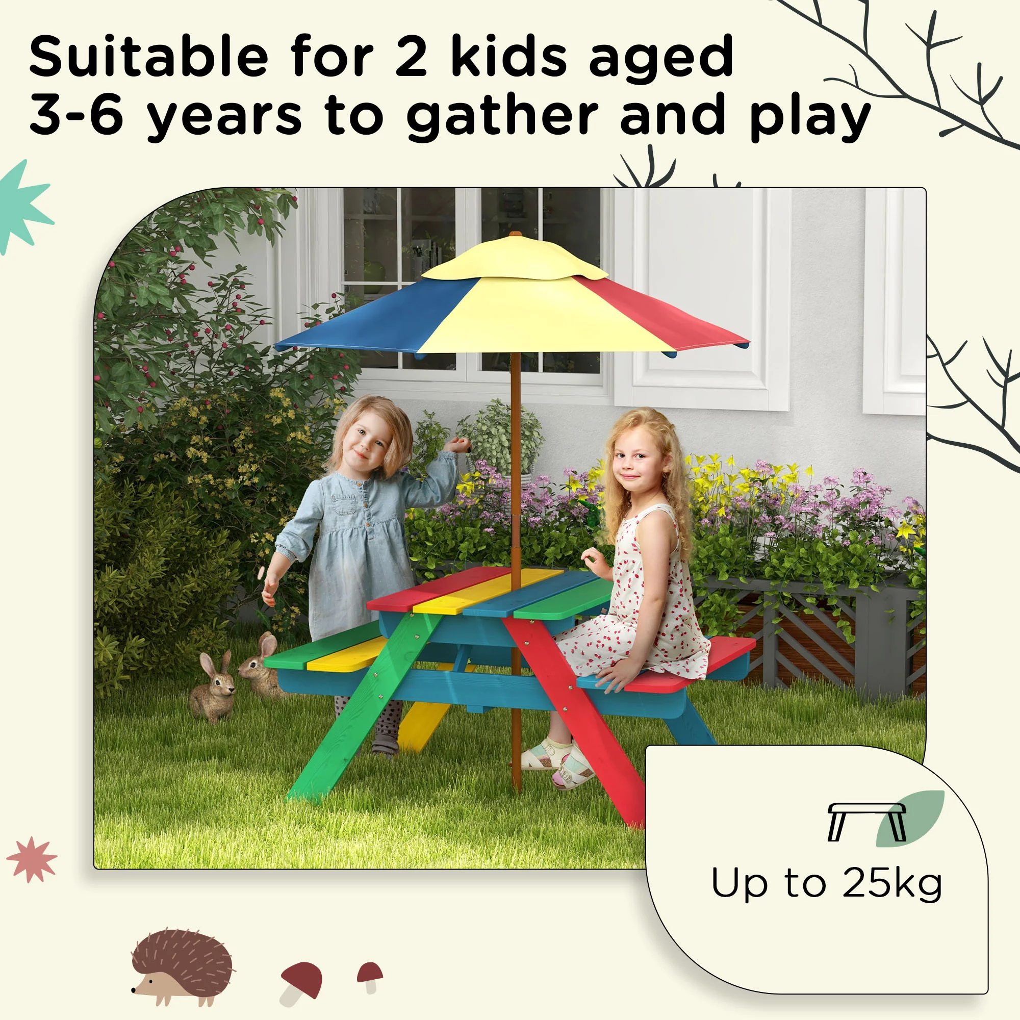 Outsunny Kids Table and Chair Set w/ Removable Parasol, for Ages 3-6 Years - Image 4