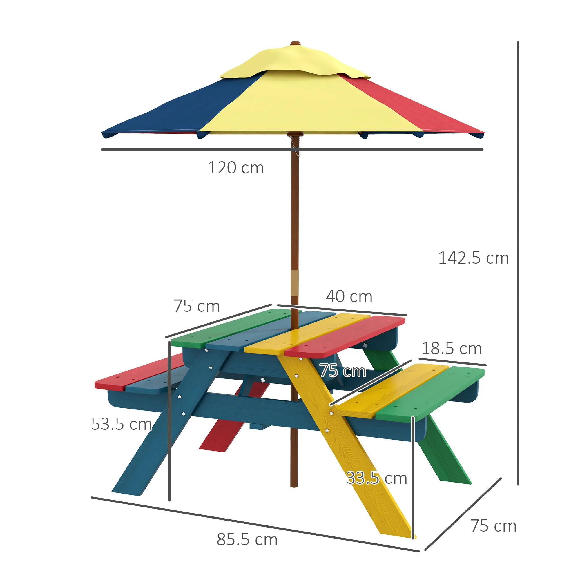 Outsunny Kids Table and Chair Set w/ Removable Parasol, for Ages 3-6 Years - Image 5