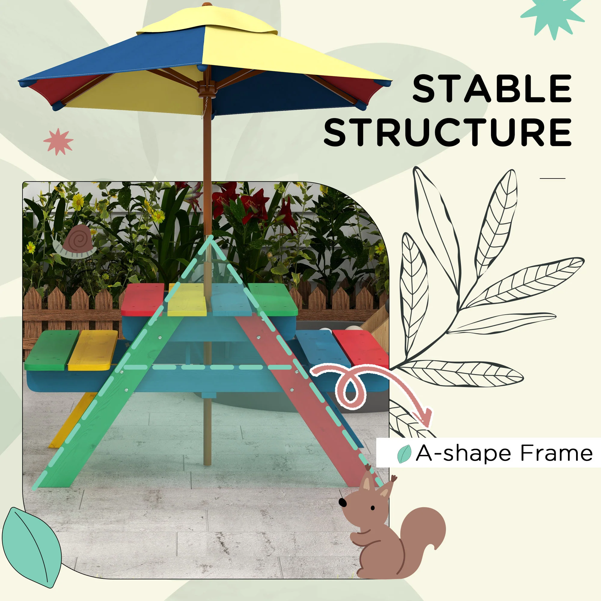 Outsunny Kids Table and Chair Set w/ Removable Parasol, for Ages 3-6 Years - Image 7