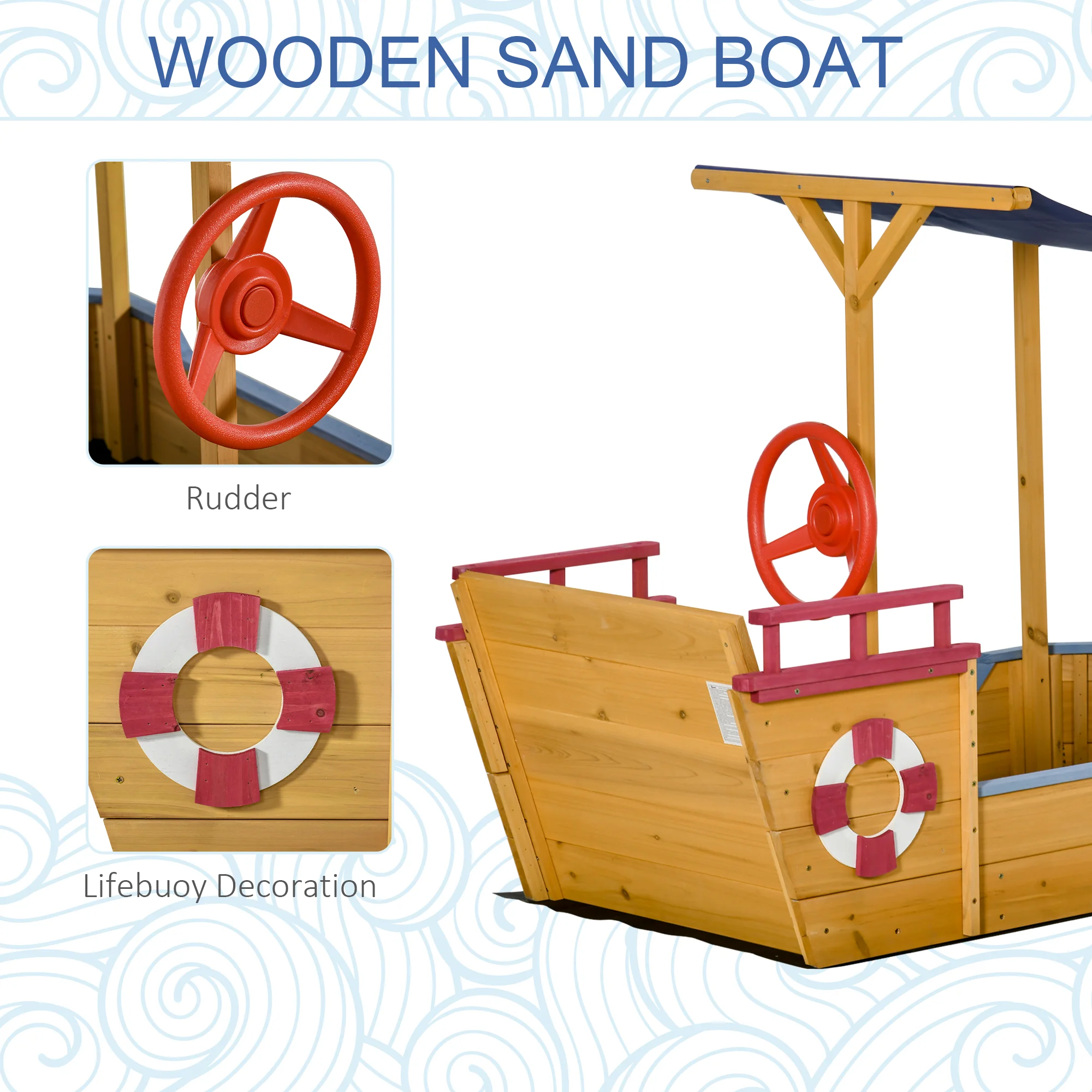 Outsunny Kids Wooden Sandbox Play Station, Covered Children Sand Boat Outdoor, For Backyard, W/ Canopy Shade, Storage Bench, Bottom Liner, Aged 3-8 Years Old, Orange - Image 3